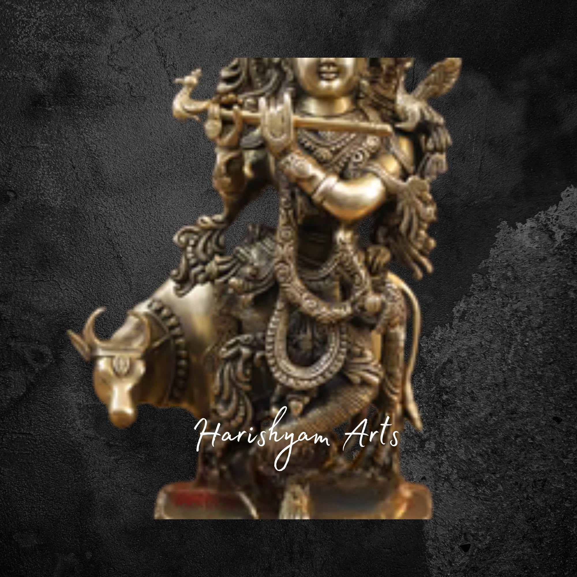 17" Divine Brass Krishna with Cow in Fine Gold Finish