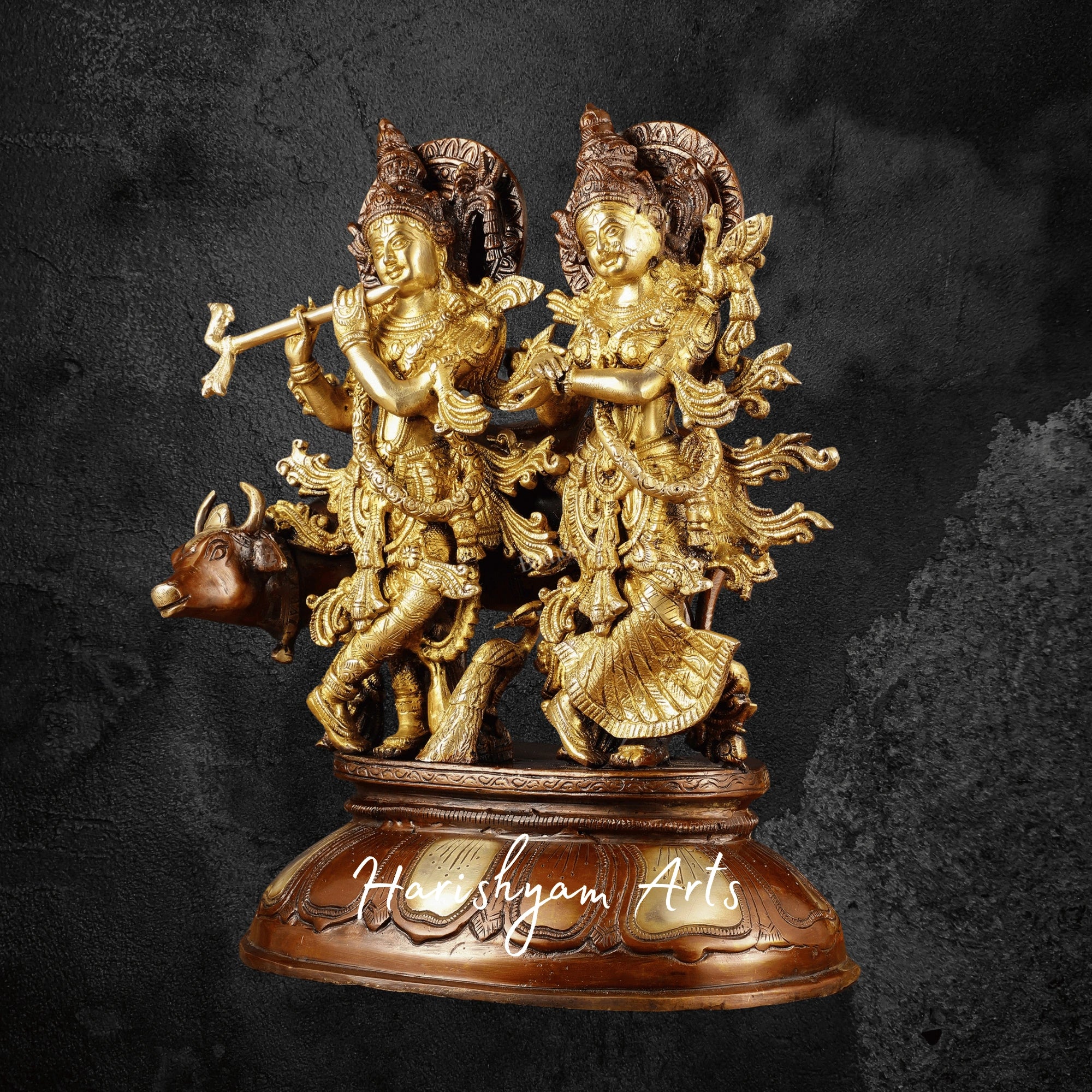 17" Dual Tone Brass Radha Krishna with Cow Statue for Devotional Decor