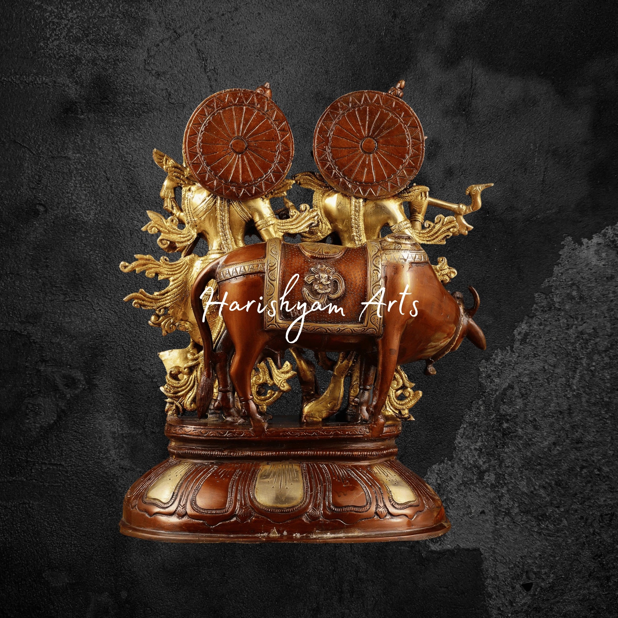 17" Dual Tone Brass Radha Krishna with Cow Statue for Devotional Decor