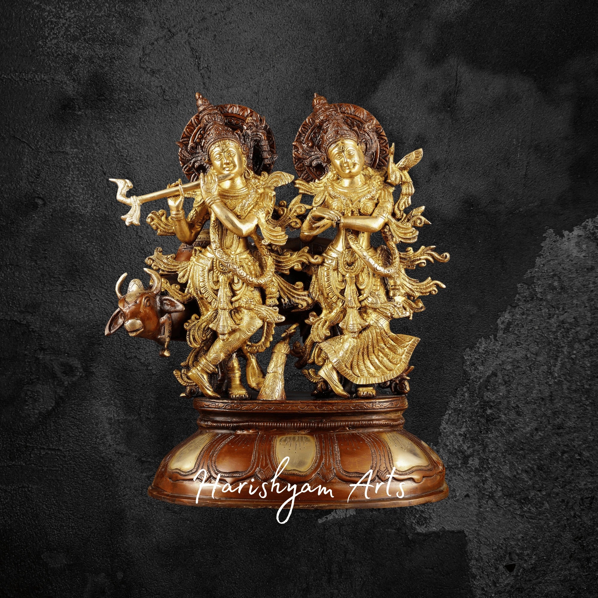 17" Dual Tone Brass Radha Krishna with Cow Statue for Devotional Decor