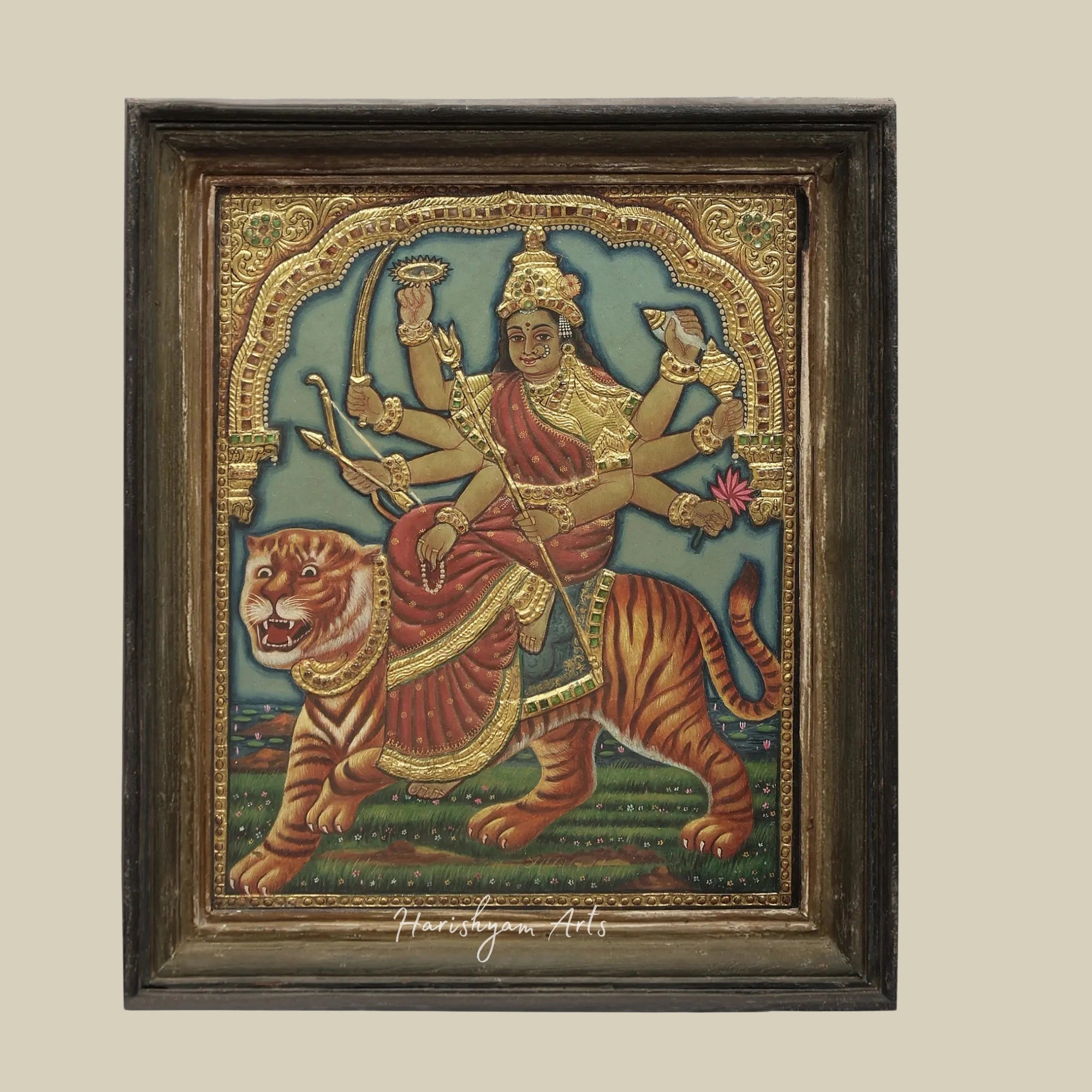 17" Durga Tanjore Painting with Teakwood Frame featuring 24K Gold Highlights