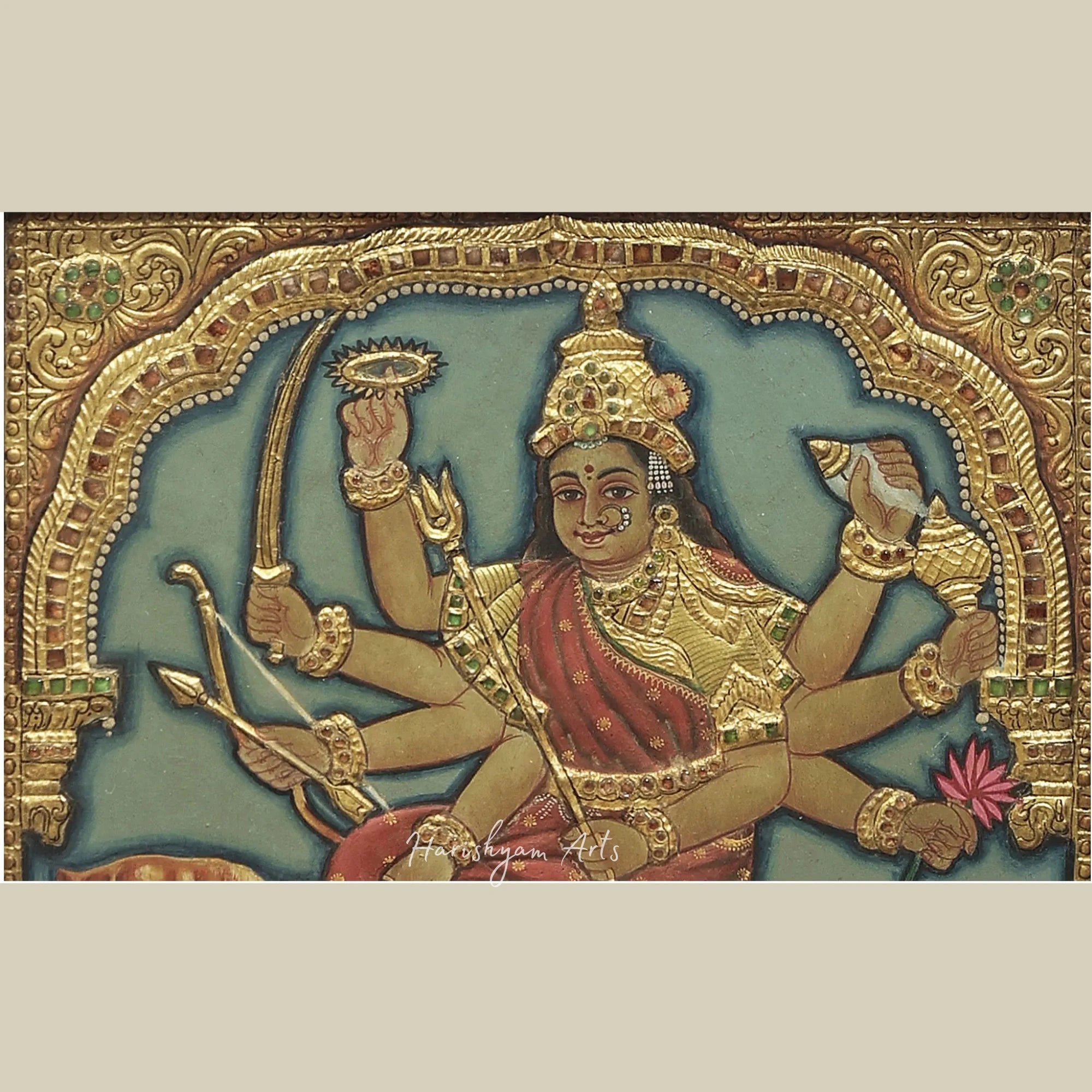 17" Durga Tanjore Painting with Teakwood Frame featuring 24K Gold Highlights