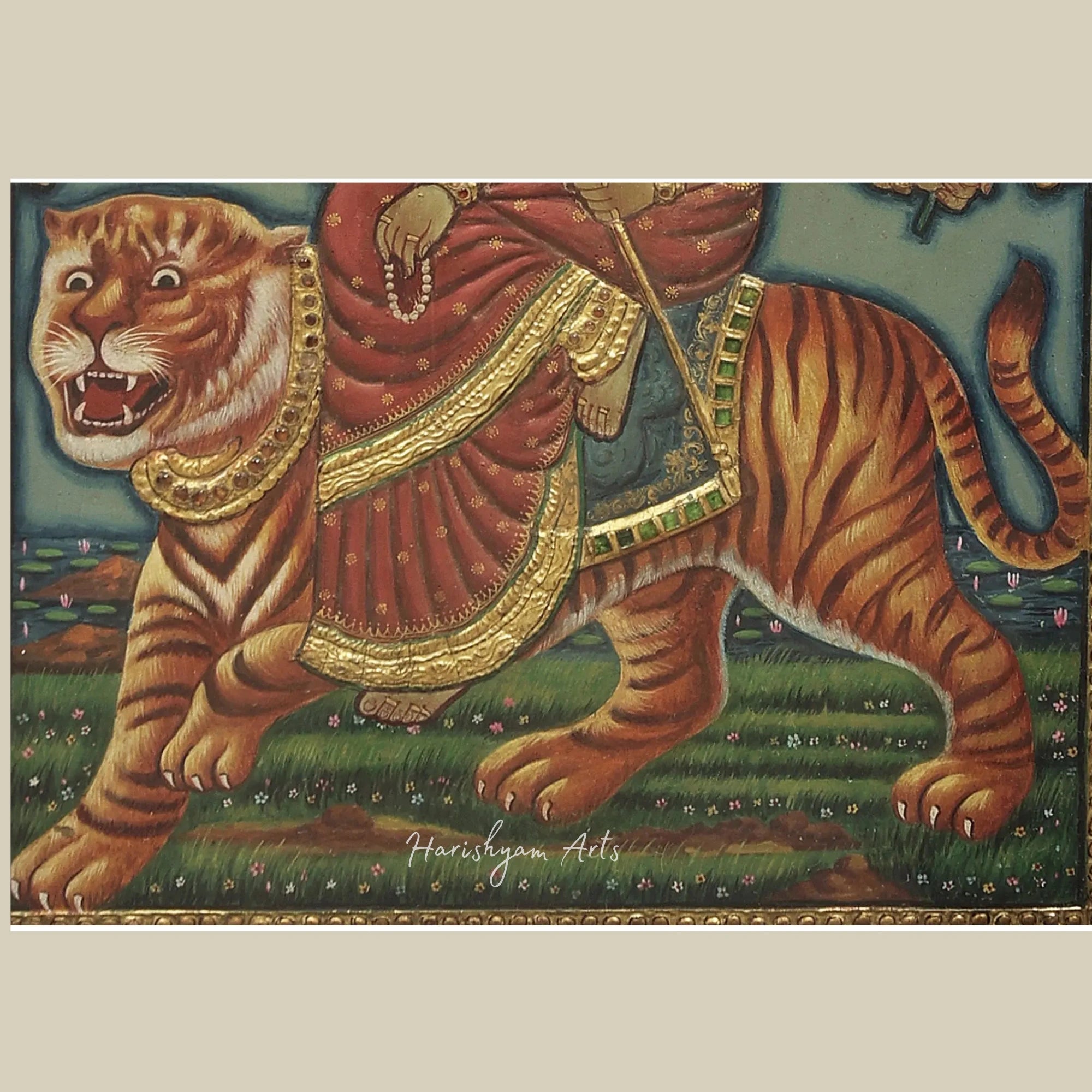 17" Durga Tanjore Painting with Teakwood Frame featuring 24K Gold Highlights
