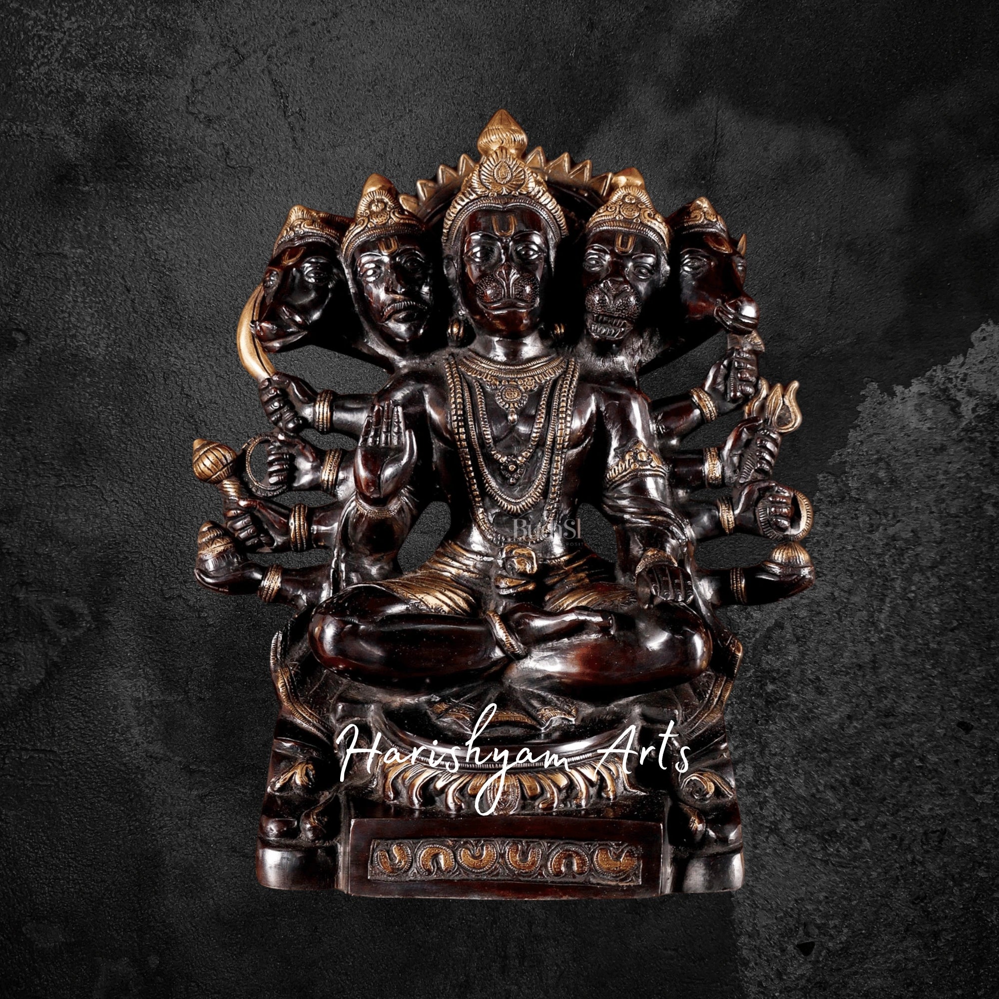 17" Handcrafted Brass Panchmukhi Hanuman Idol in Dual Tone Black and Gold Finish