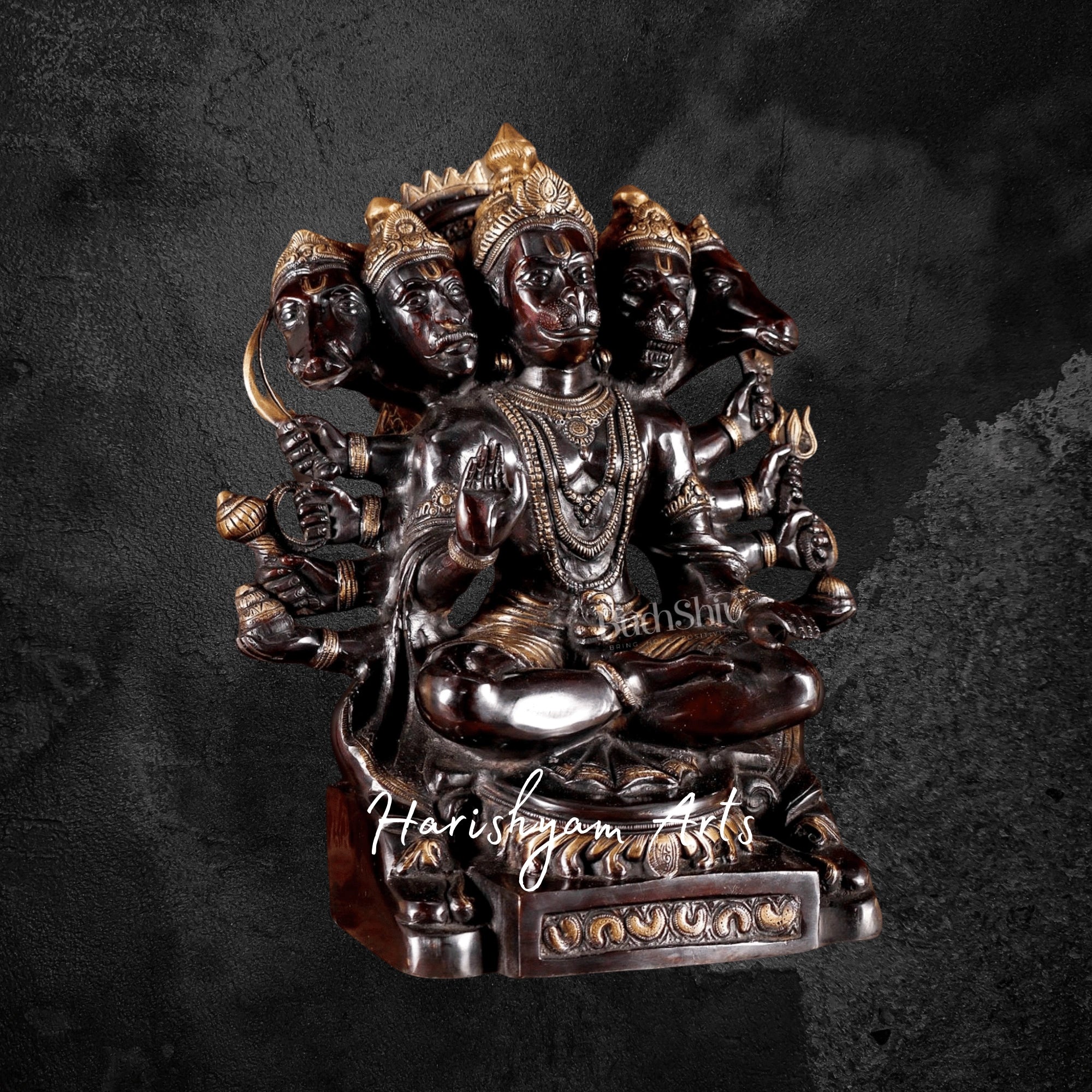 17" Handcrafted Brass Panchmukhi Hanuman Idol in Dual Tone Black and Gold Finish
