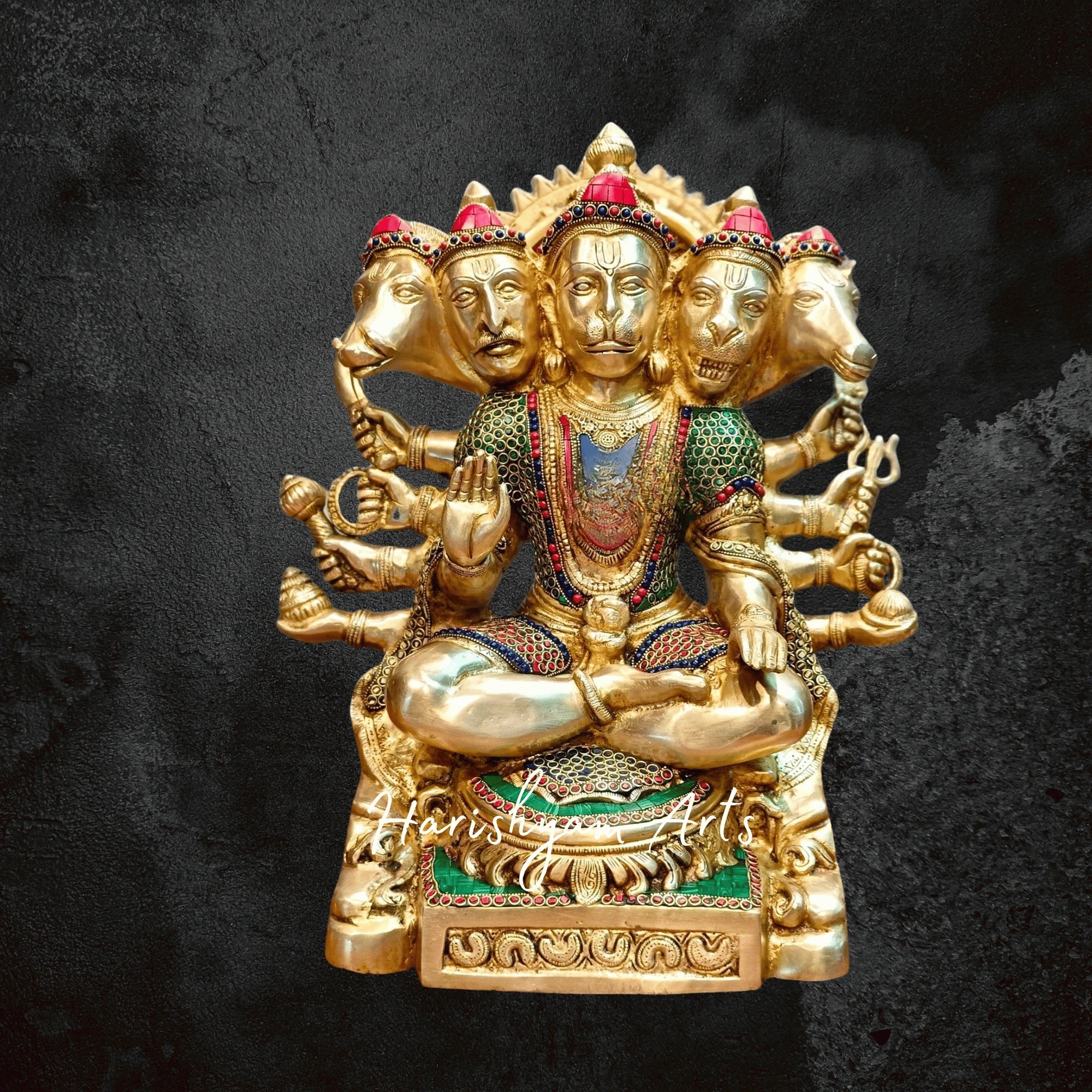 17" Handcrafted Brass Panchmukhi Hanuman Statue with Intricate Stonework