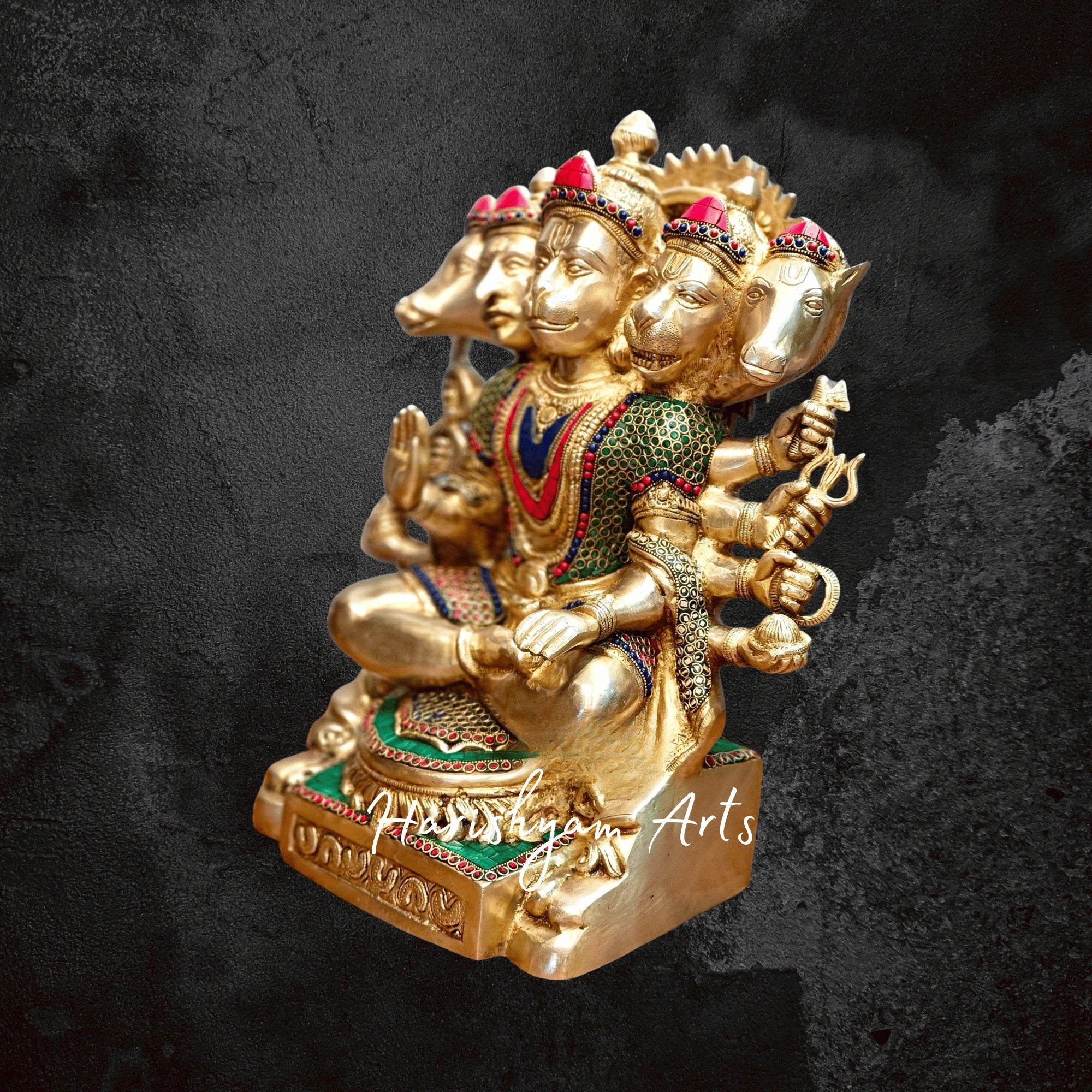 17" Handcrafted Brass Panchmukhi Hanuman Statue with Intricate Stonework