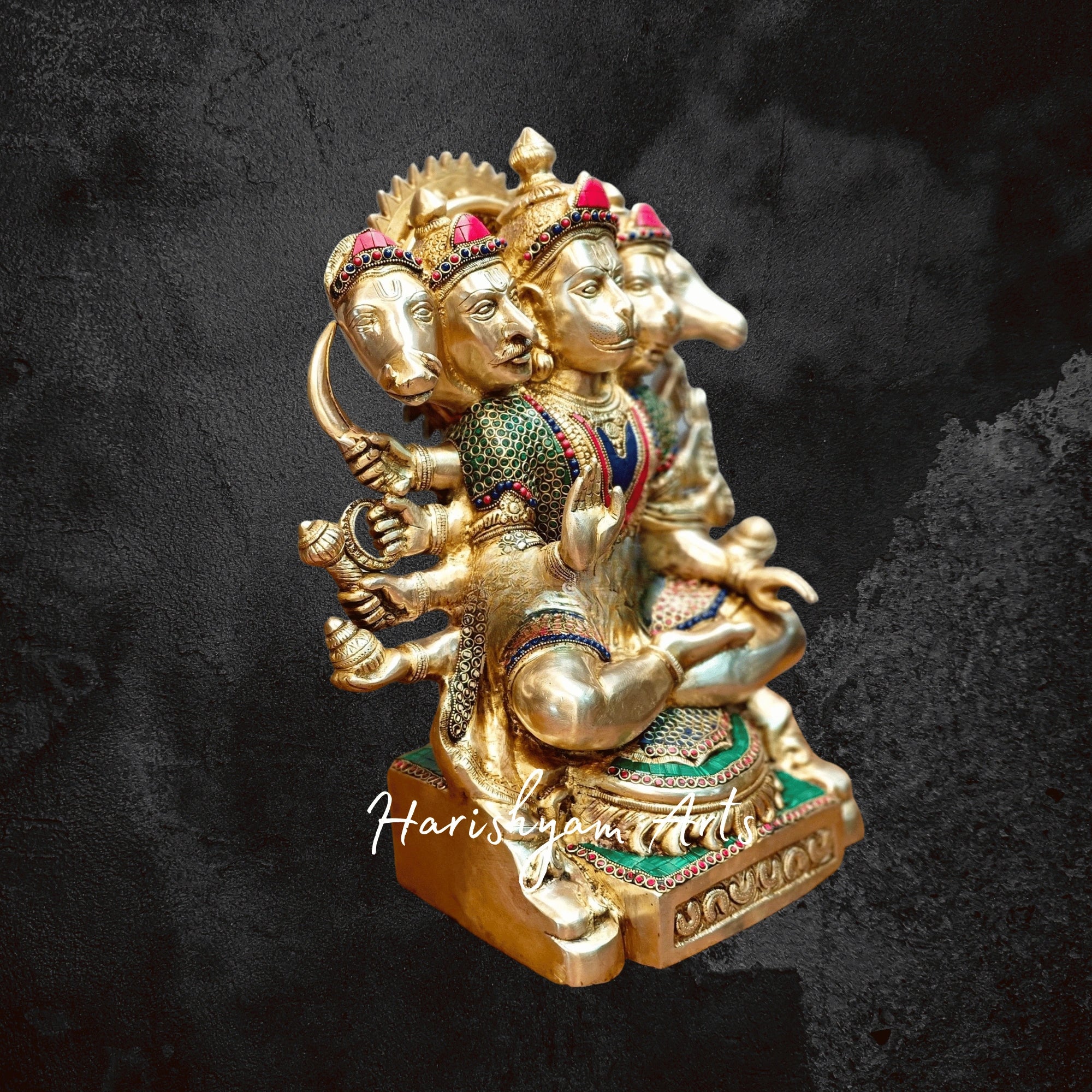17" Handcrafted Brass Panchmukhi Hanuman Statue with Intricate Stonework