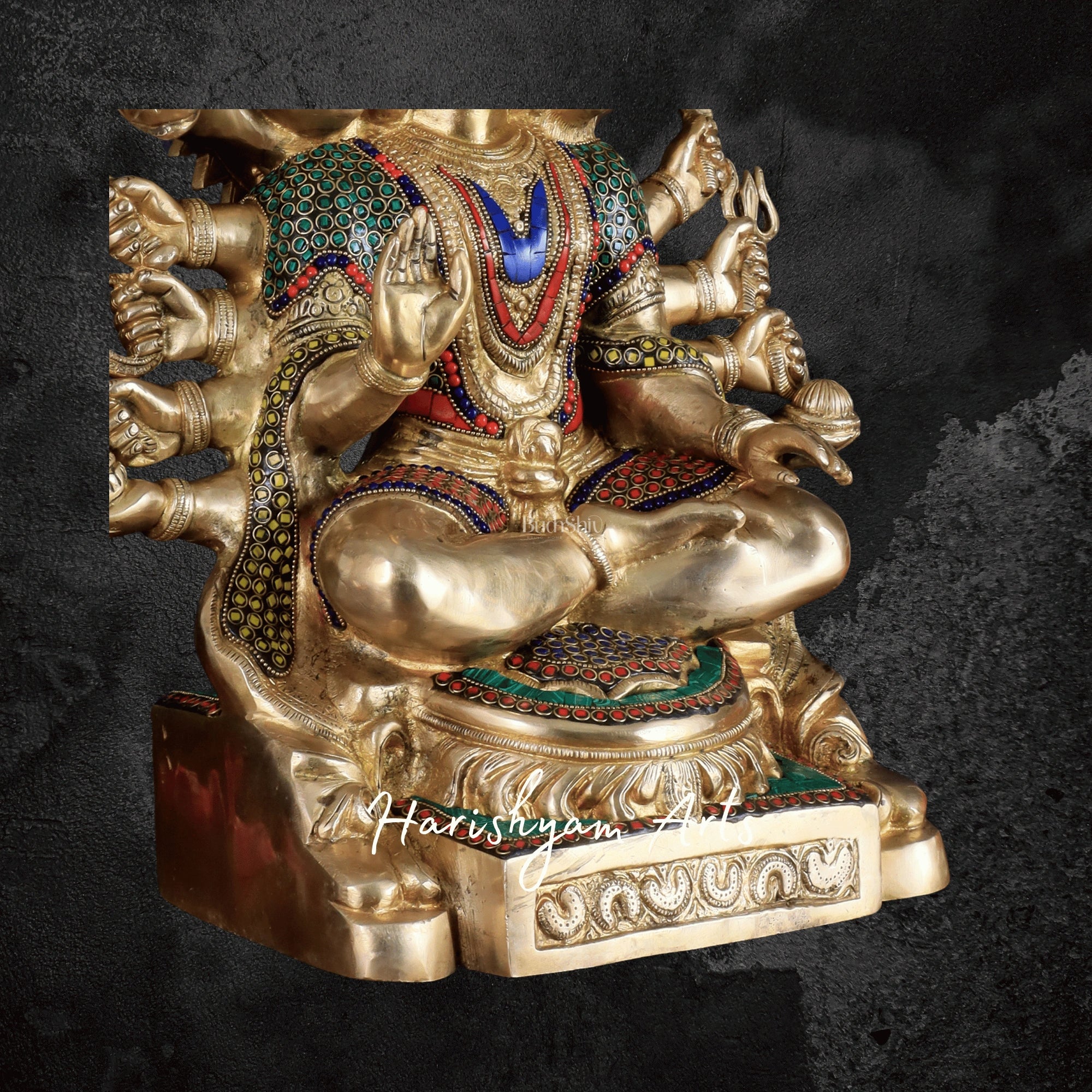 17" Heavy Brass Hanuman Statue with Exquisite Stonework and Traditional Craftsmanship