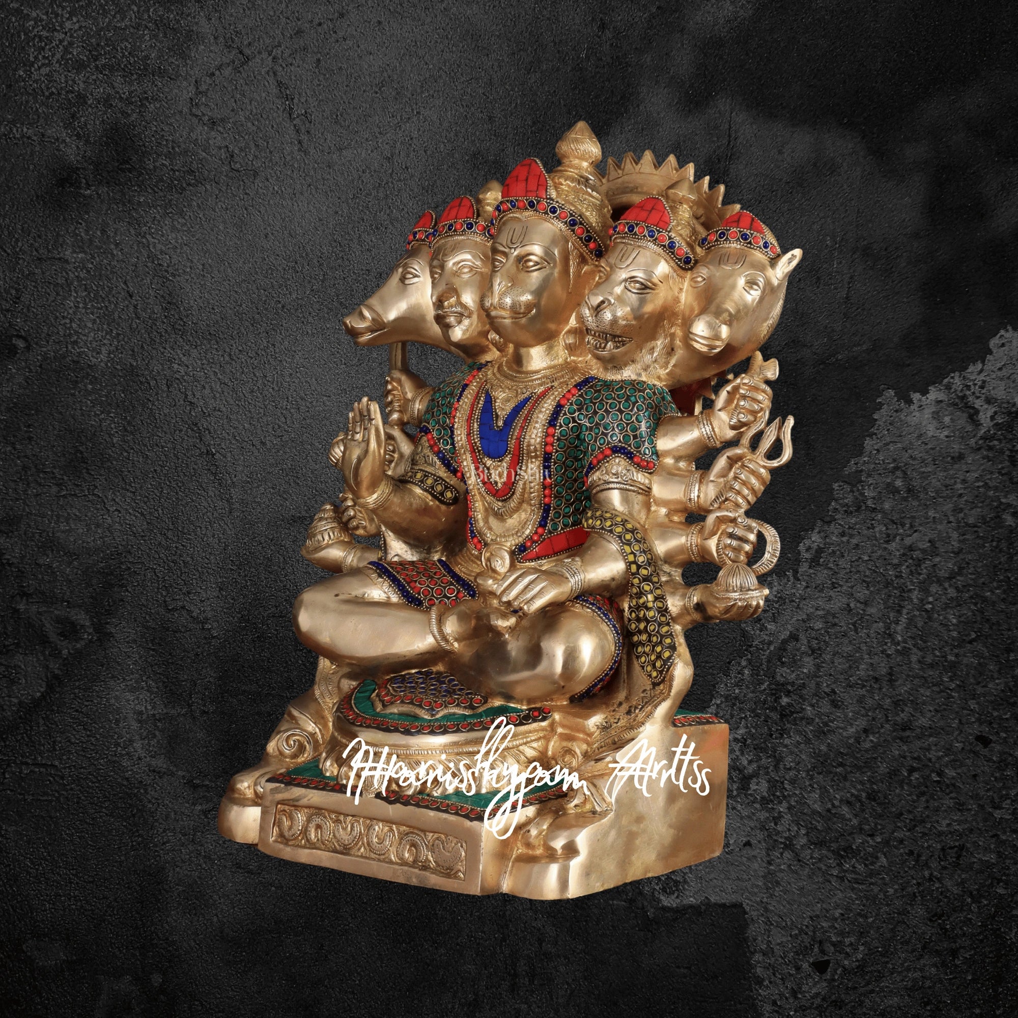 17" Heavy Brass Hanuman Statue with Exquisite Stonework and Traditional Craftsmanship