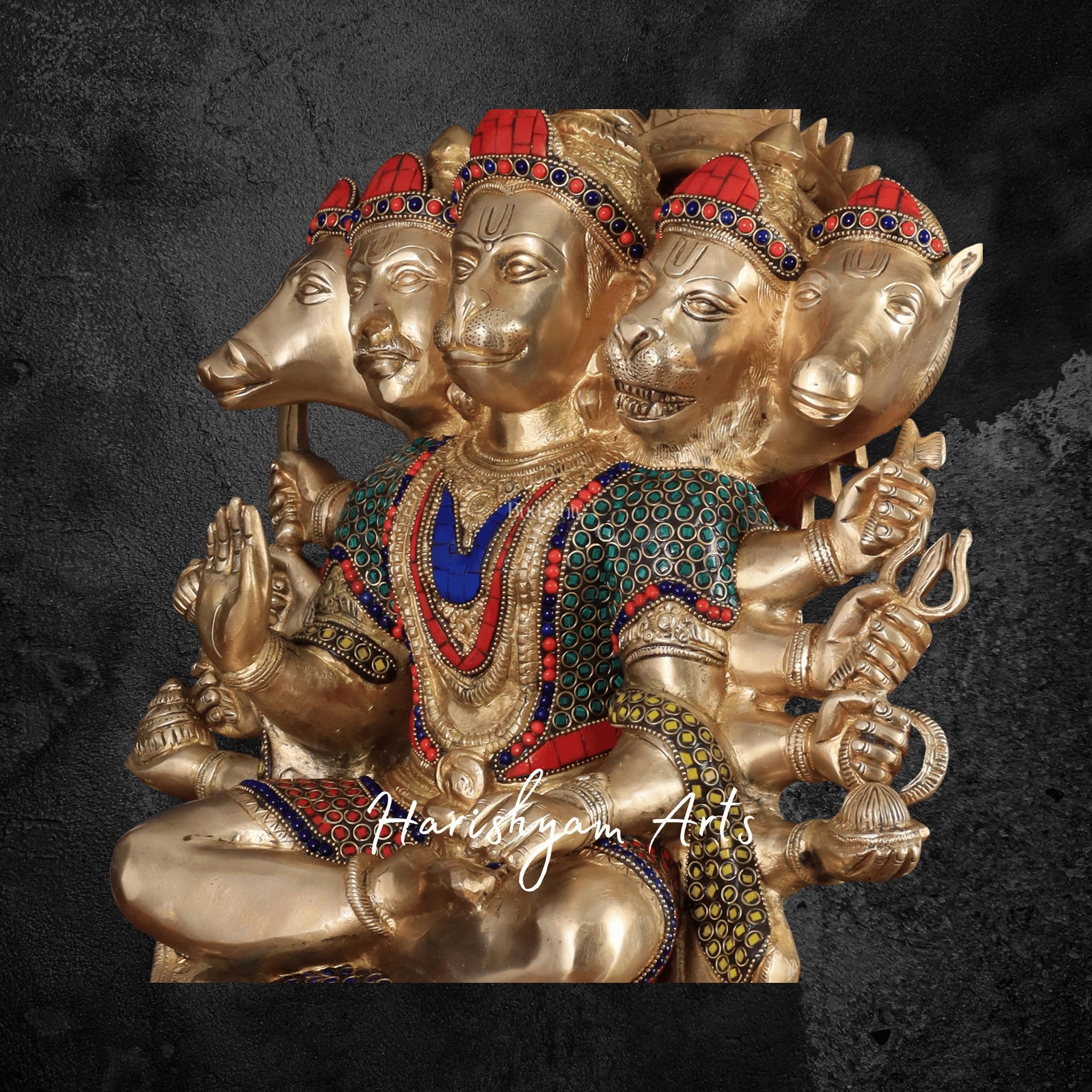 17" Heavy Brass Hanuman Statue with Exquisite Stonework and Traditional Craftsmanship