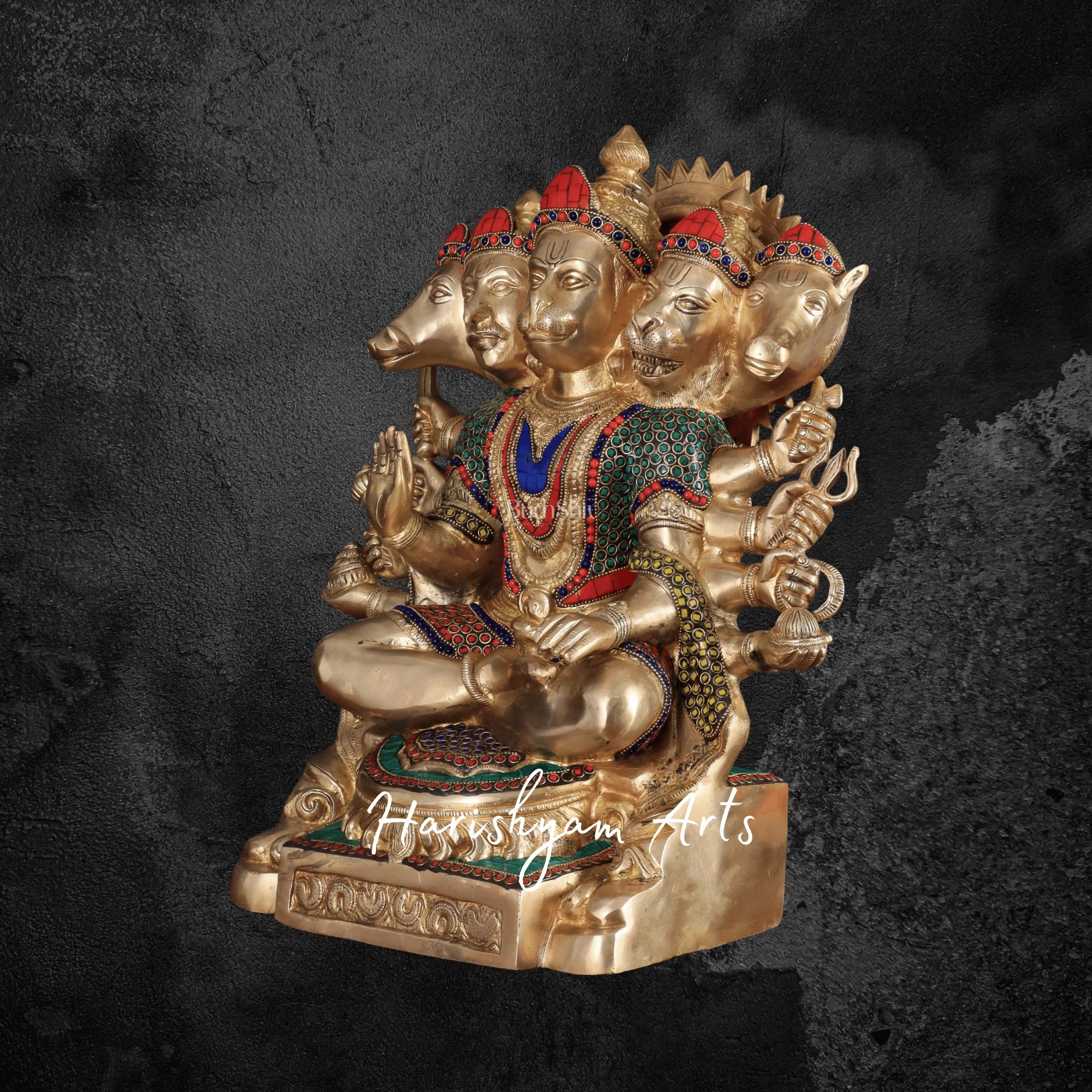 17" Heavy Brass Hanuman Statue with Exquisite Stonework and Traditional Craftsmanship