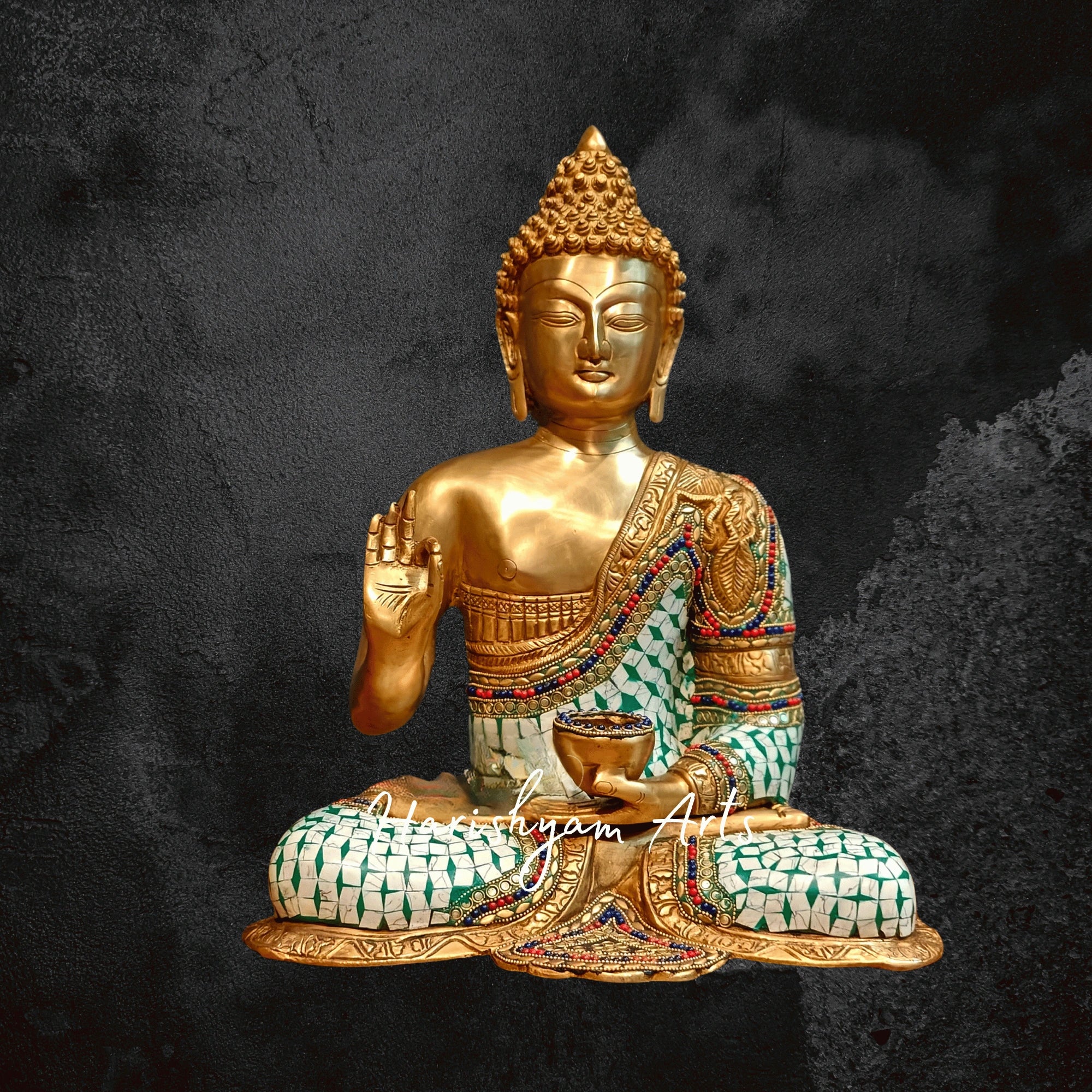 17" Large Brass Buddha Idol in Aashirwaad Mudra with Intricate Stonework