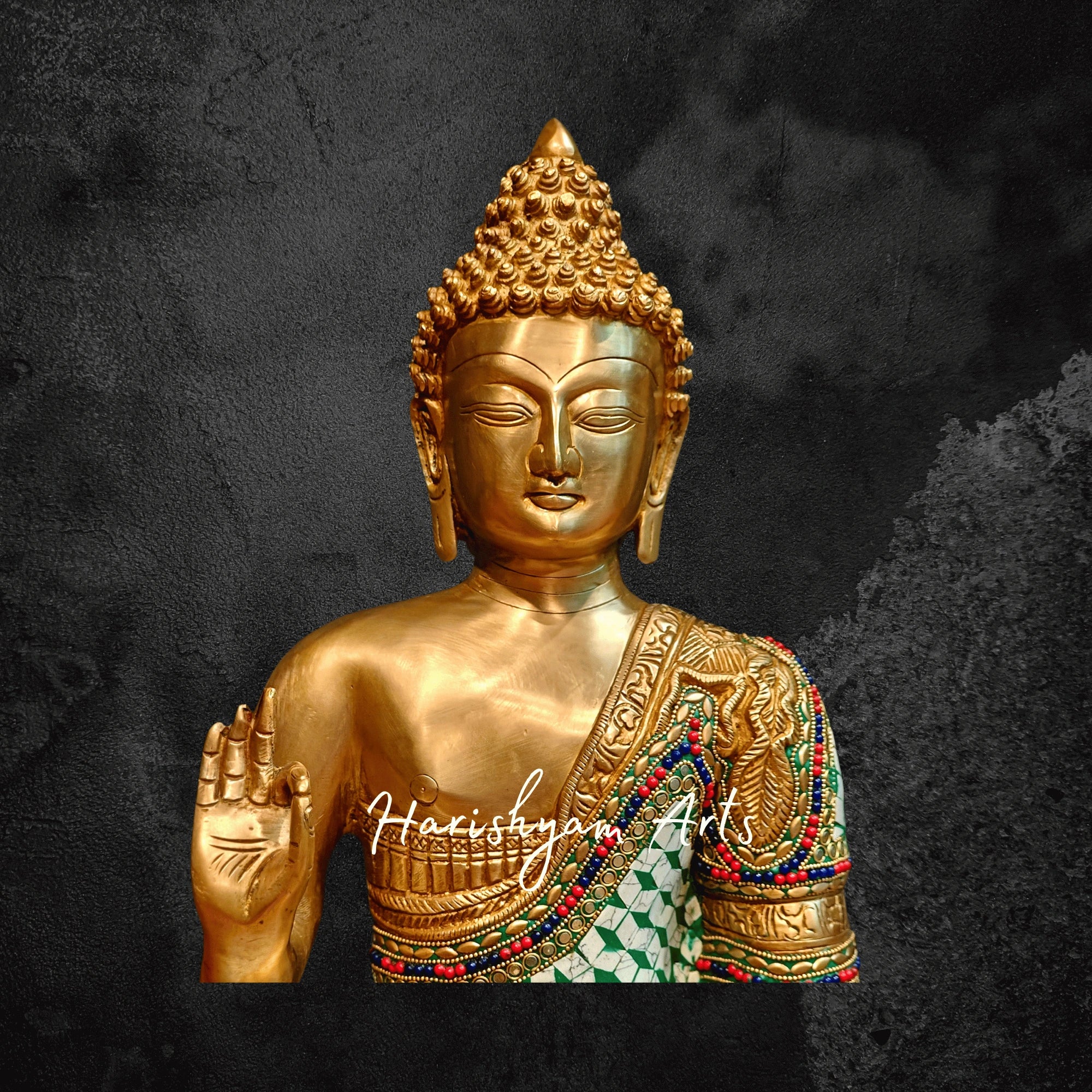 17" Large Brass Buddha Idol in Aashirwaad Mudra with Intricate Stonework