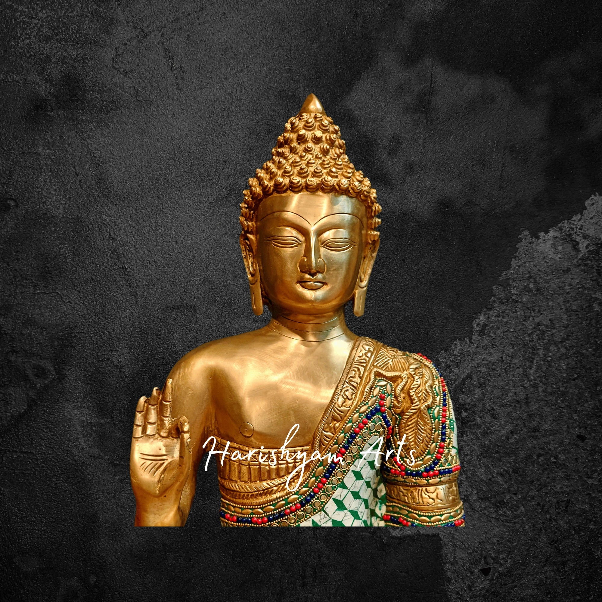 17" Large Brass Buddha Idol in Aashirwaad Mudra with Intricate Stonework