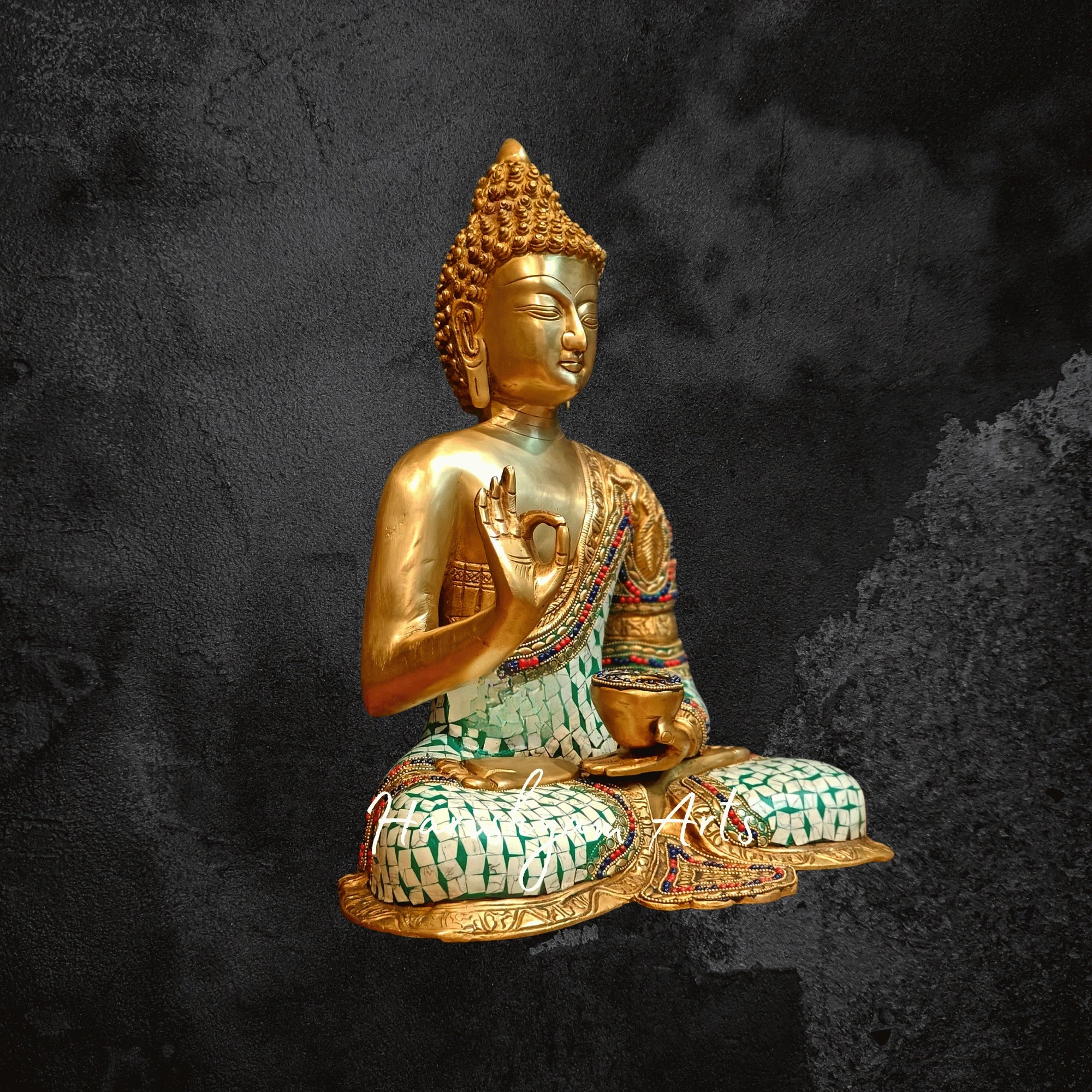 17" Large Brass Buddha Idol in Aashirwaad Mudra with Intricate Stonework
