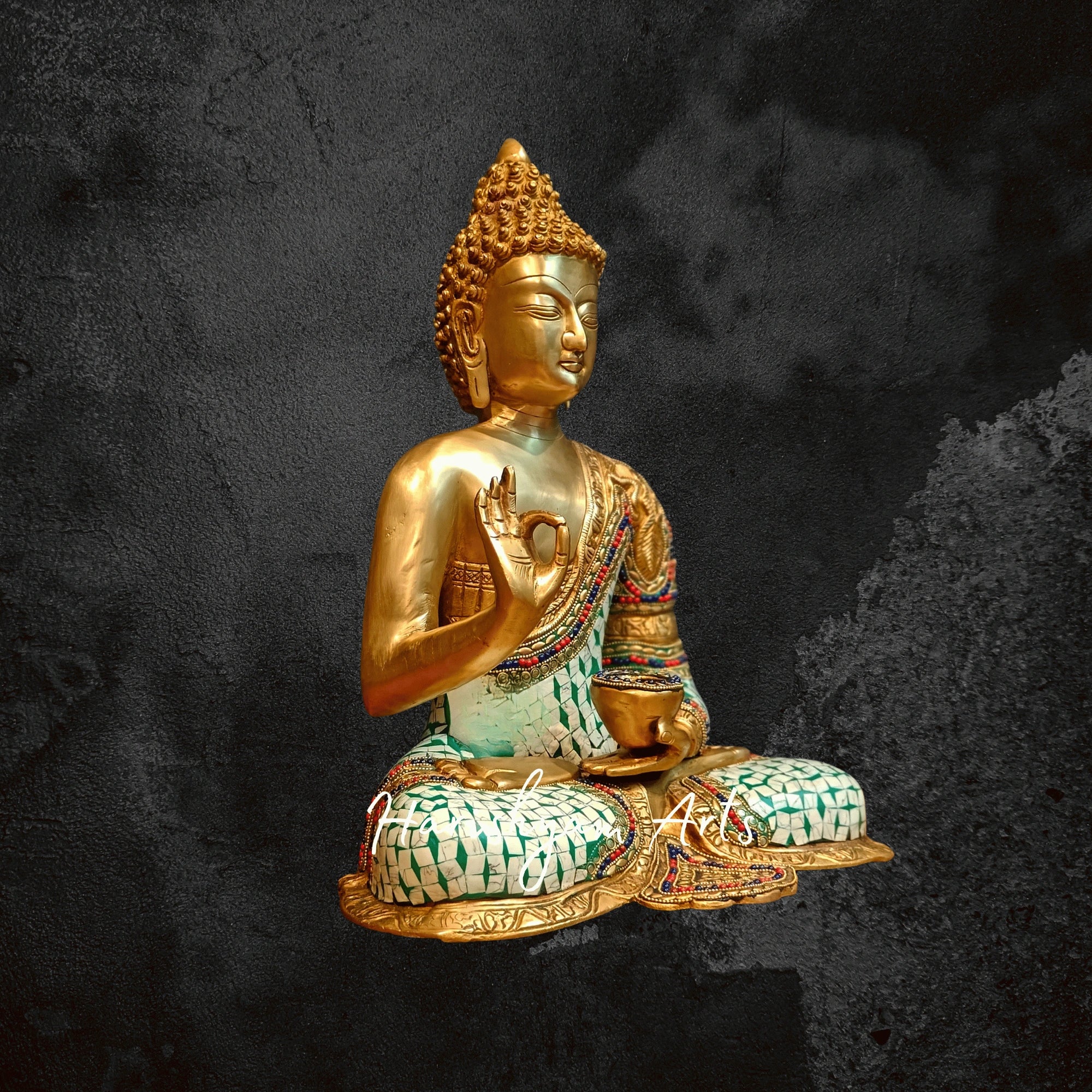 17" Large Brass Buddha Idol in Aashirwaad Mudra with Intricate Stonework