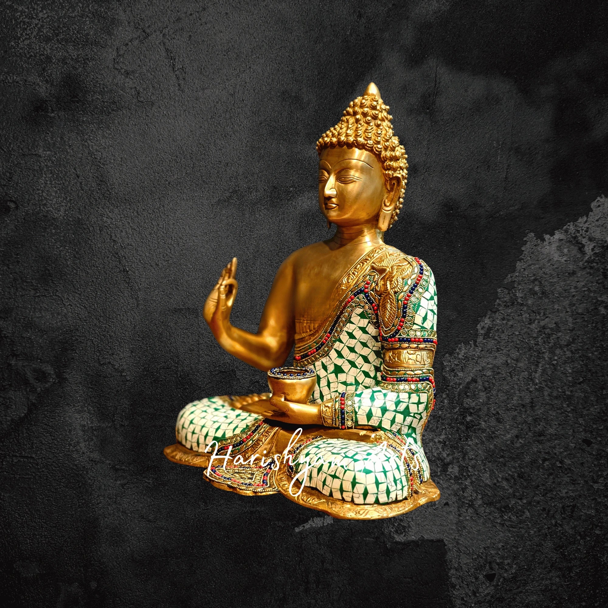 17" Large Brass Buddha Idol in Aashirwaad Mudra with Intricate Stonework