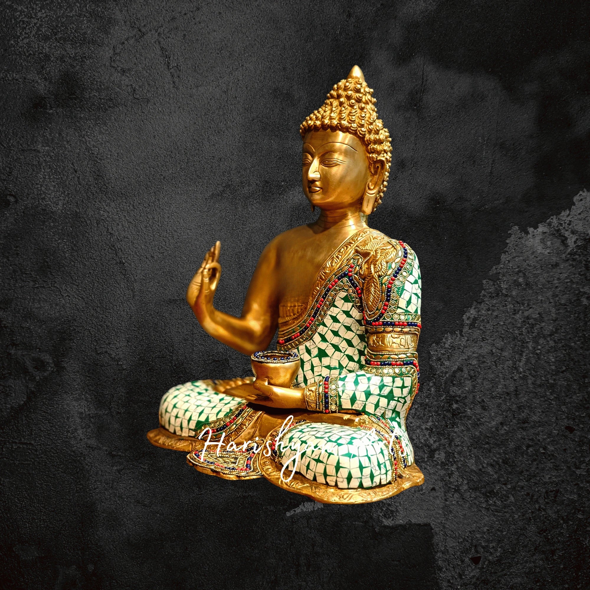 17" Large Brass Buddha Idol in Aashirwaad Mudra with Intricate Stonework