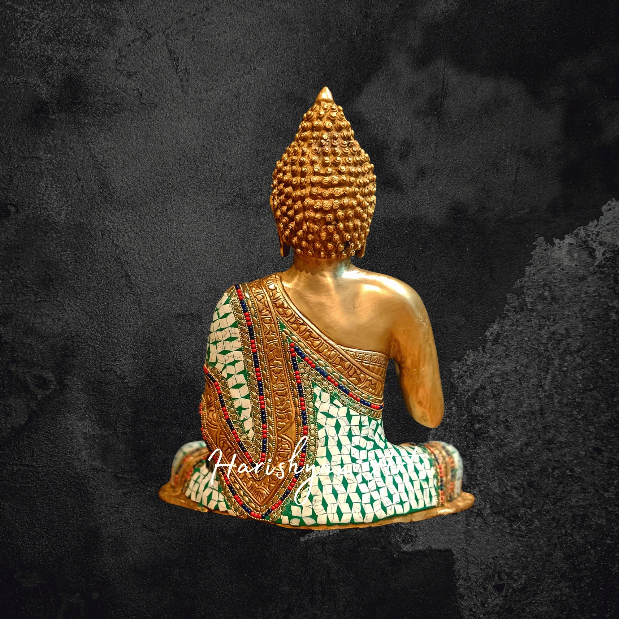 17" Large Brass Buddha Idol in Aashirwaad Mudra with Intricate Stonework