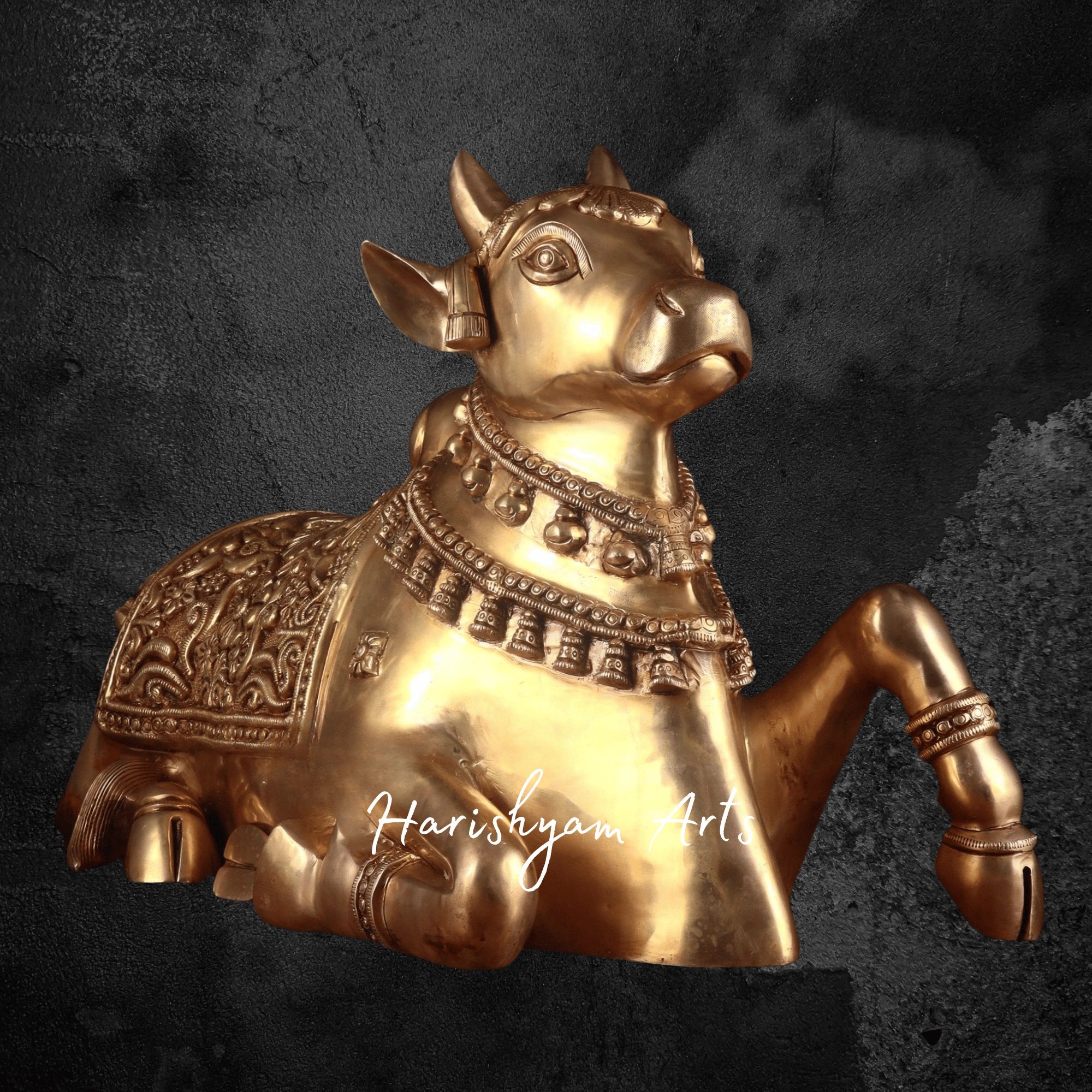 17" Large Brass Nandi Murti with Superfine Carvings and Straight Gaze