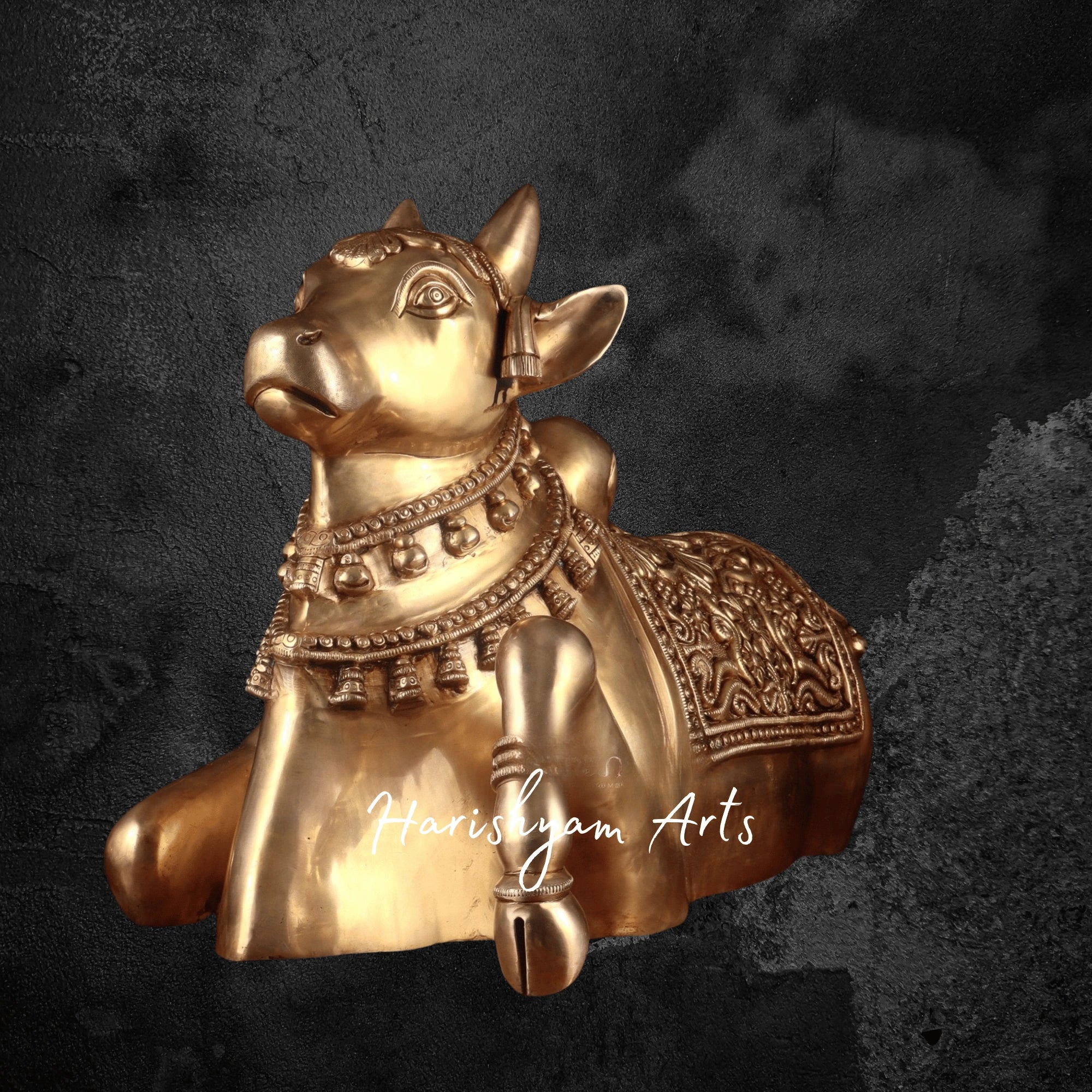 17" Large Brass Nandi Murti with Superfine Carvings and Straight Gaze