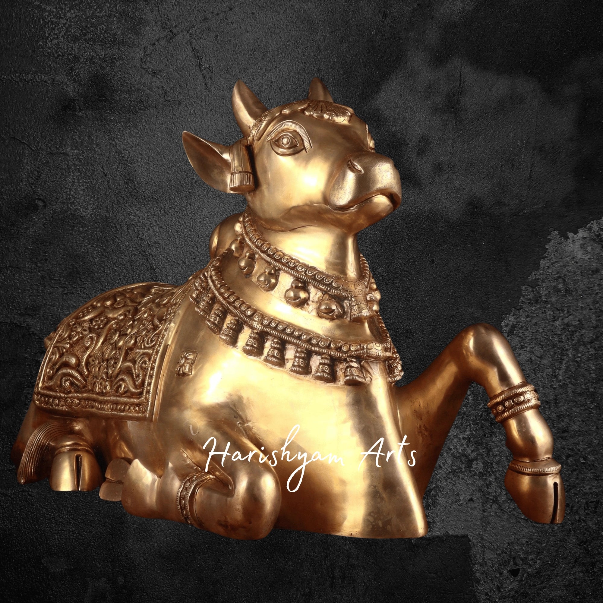 17" Large Brass Nandi Murti with Superfine Carvings and Straight Gaze