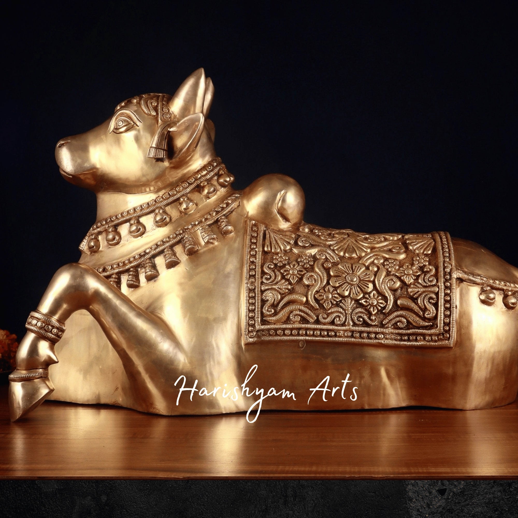 17" Large Brass Nandi Murti with Superfine Carvings and Straight Gaze