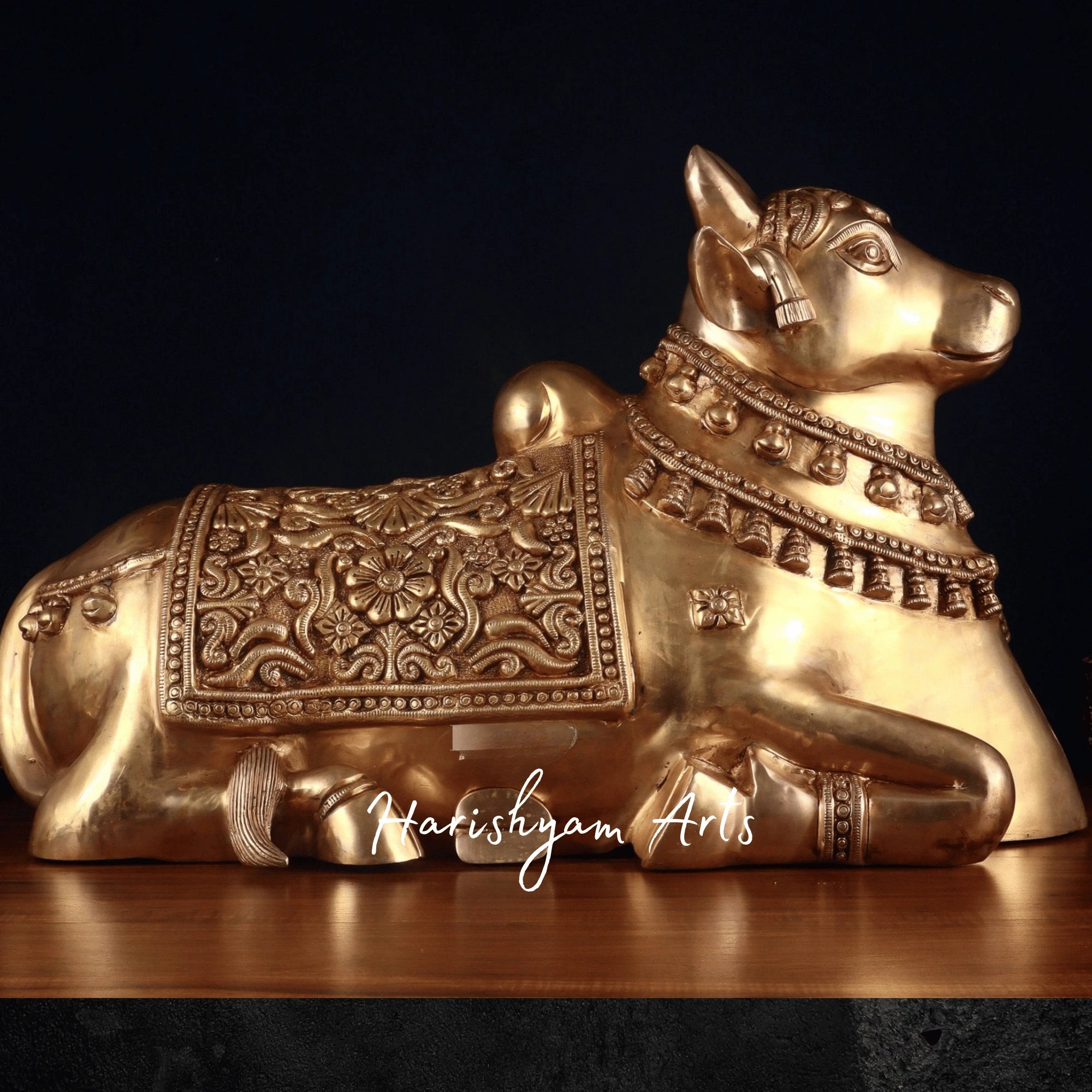 17" Large Brass Nandi Murti with Superfine Carvings and Straight Gaze