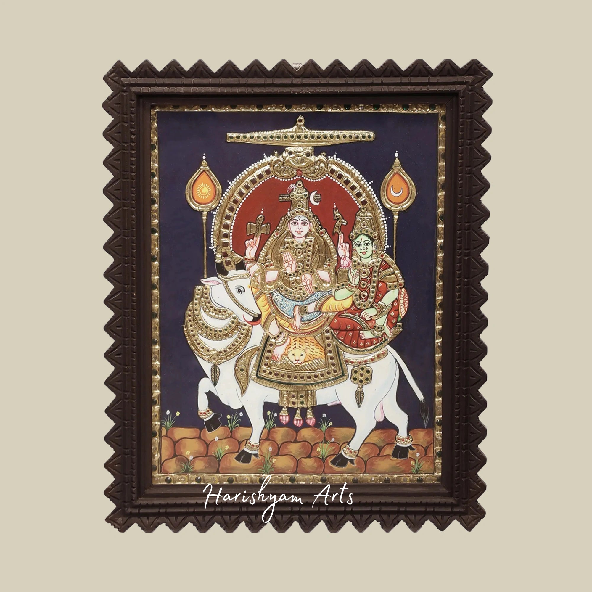 17" Shiva Parvati Seated on Nandi Tanjore Painting with Ornate Teakwood Frame