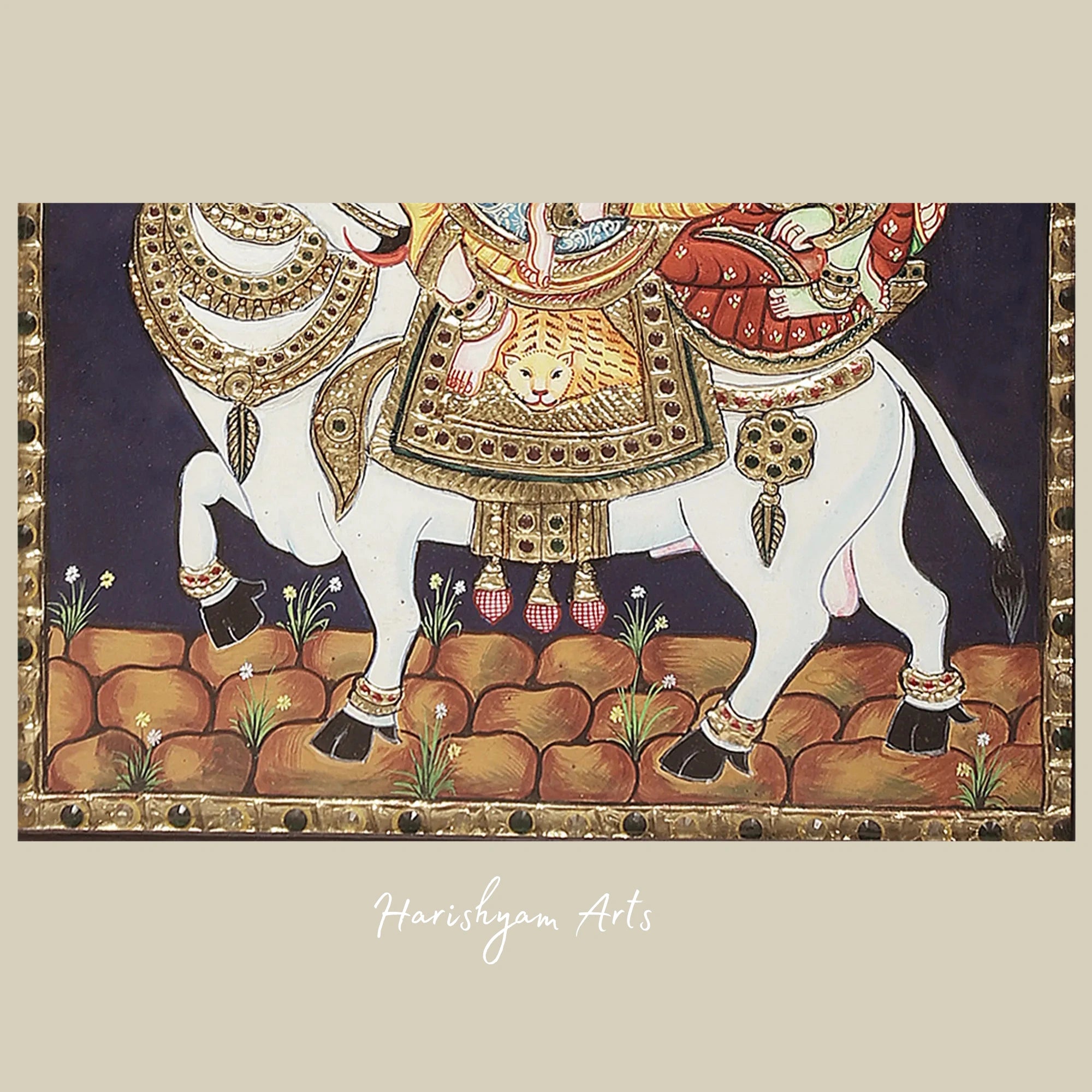 17" Shiva Parvati Seated on Nandi Tanjore Painting with Ornate Teakwood Frame