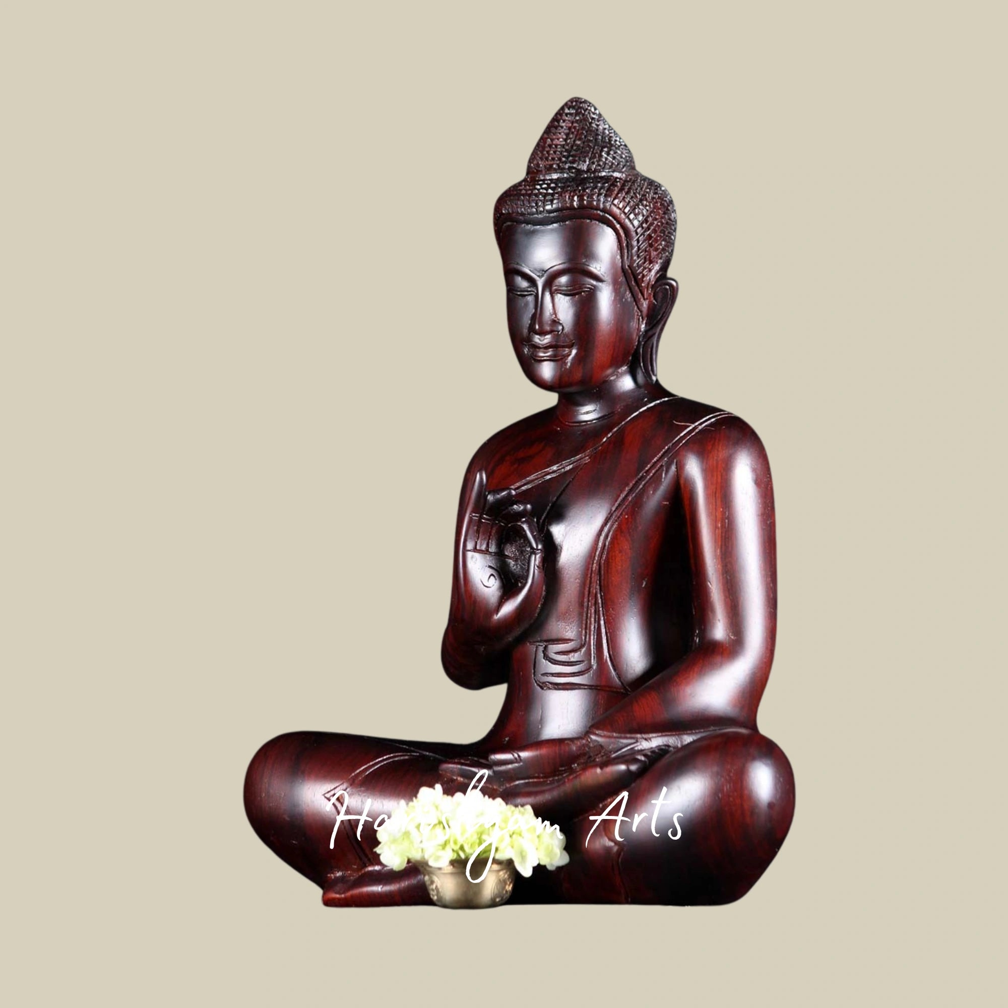 17" Vitarka Mudra Buddha Statue Carved in Natural Wood for Enlightenment Decor