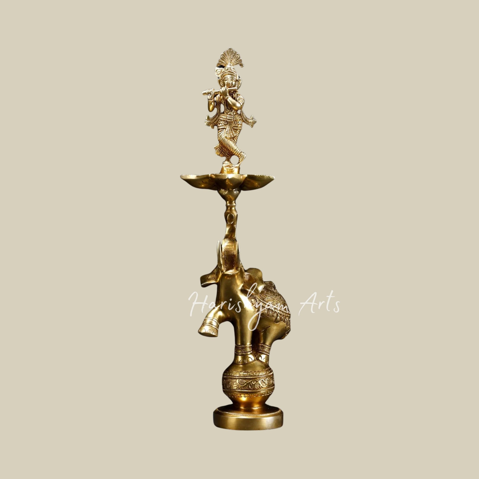 17" Brass Fluting Krishna Lamp with Five Wicks on Elephant Base