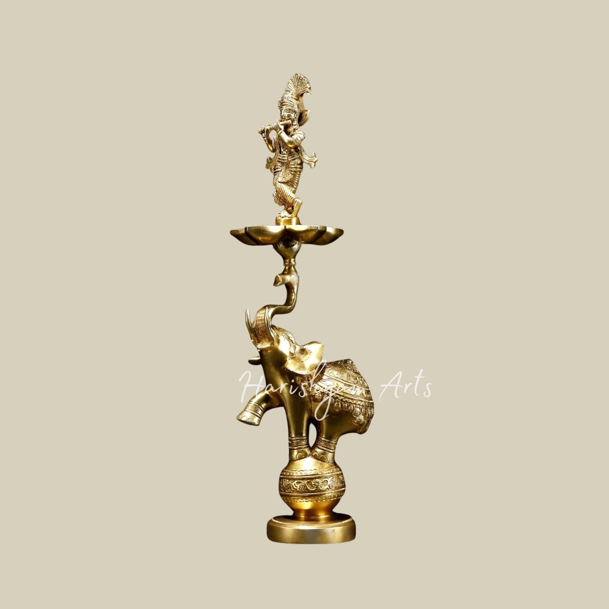 17" Brass Fluting Krishna Lamp with Five Wicks on Elephant Base2