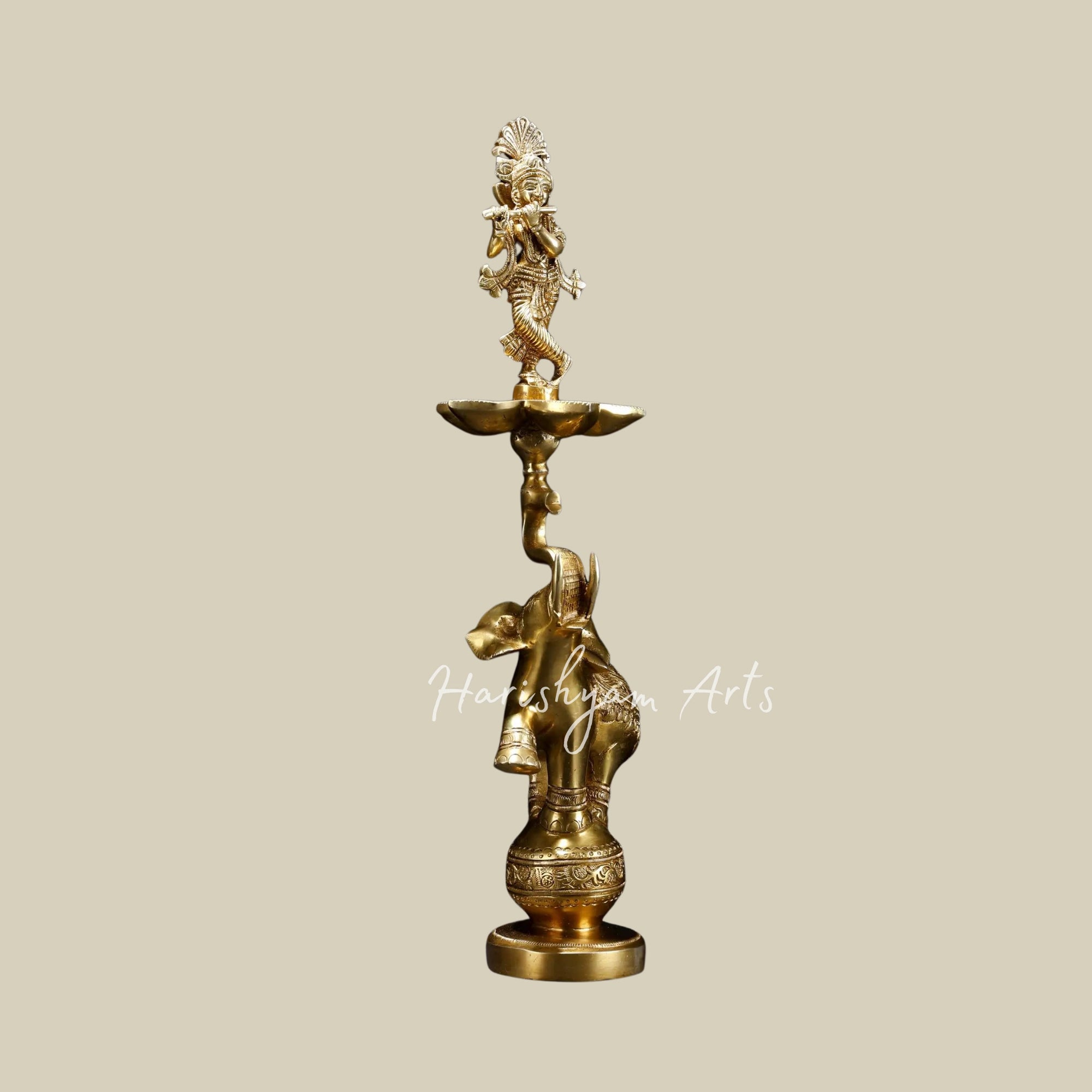 17" Brass Fluting Krishna Lamp with Five Wicks on Elephant Base3