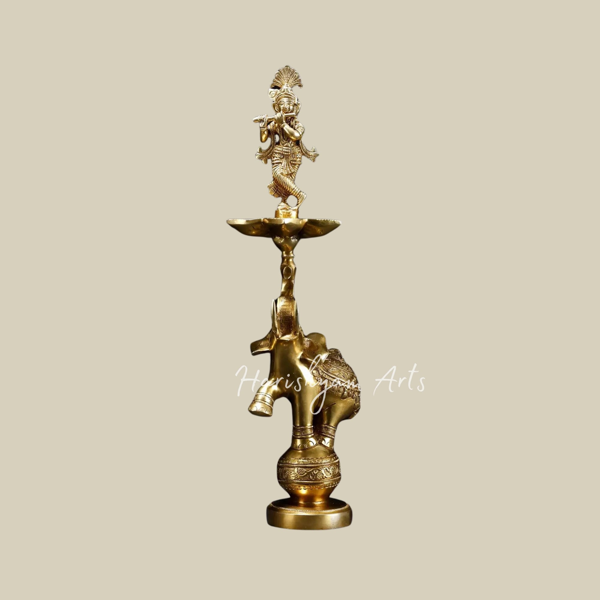 17" Brass Fluting Krishna Lamp with Five Wicks on Elephant Base4