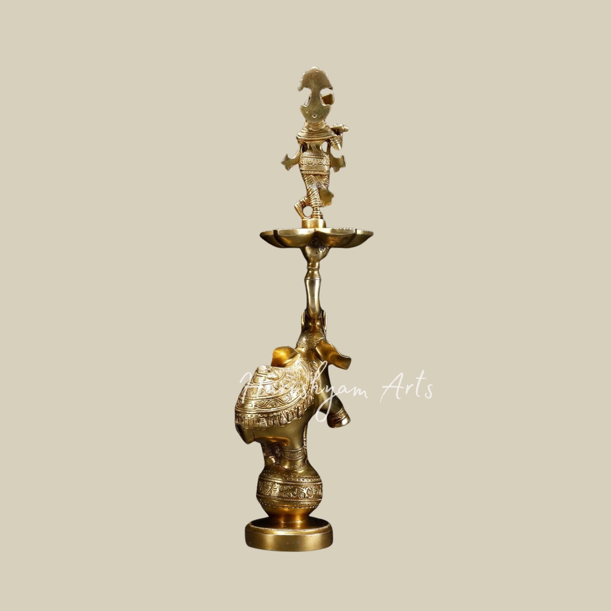 17" Brass Fluting Krishna Lamp with Five Wicks on Elephant Base5