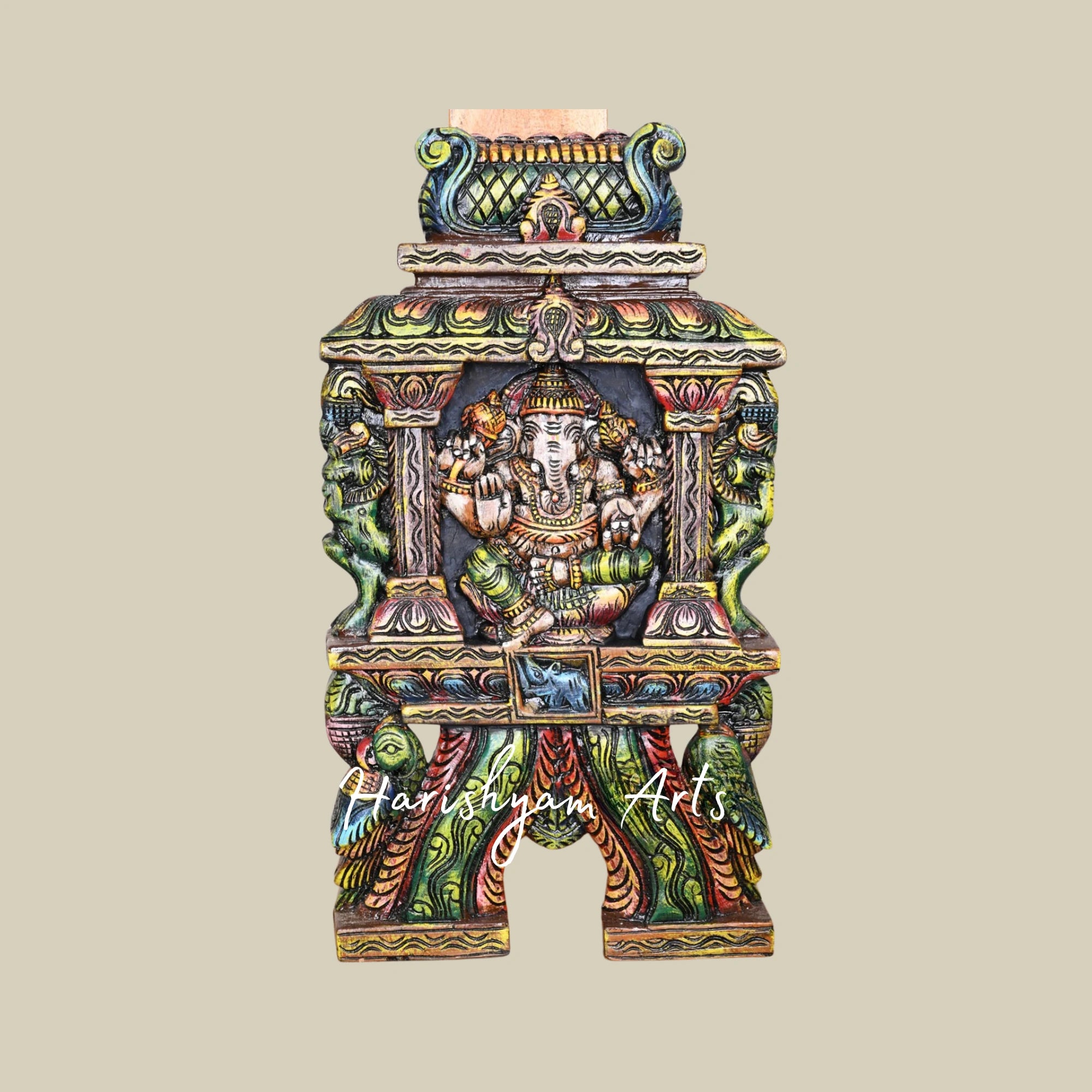 18.5" Wooden Pillar Ganesha Kavadi with Ancient Yaazhi and Paired Parrots in Multicolor Finish