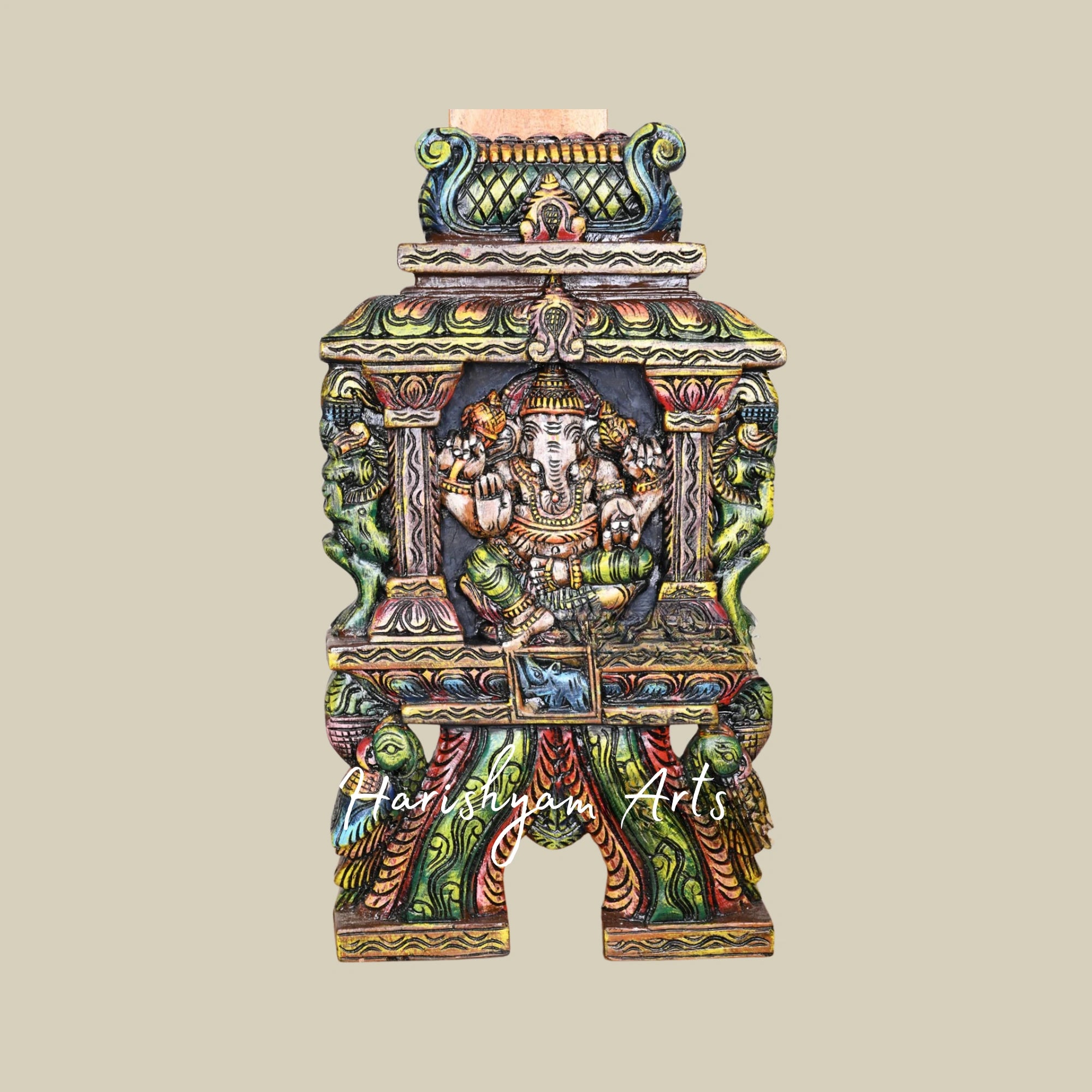 18.5" Wooden Pillar Ganesha Kavadi with Ancient Yaazhi and Paired Parrots in Multicolor Finish