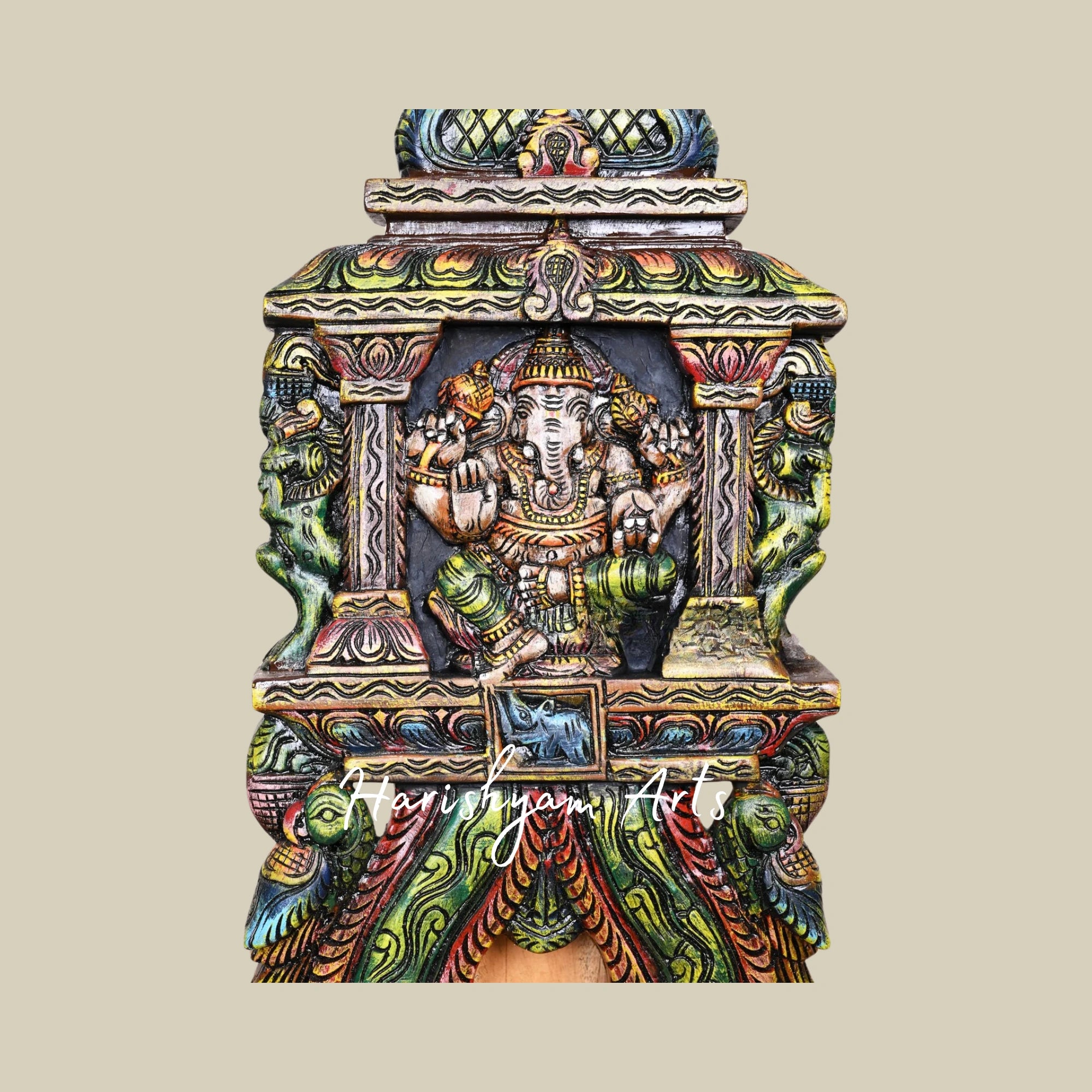 18.5" Wooden Pillar Ganesha Kavadi with Ancient Yaazhi and Paired Parrots in Multicolor Finish