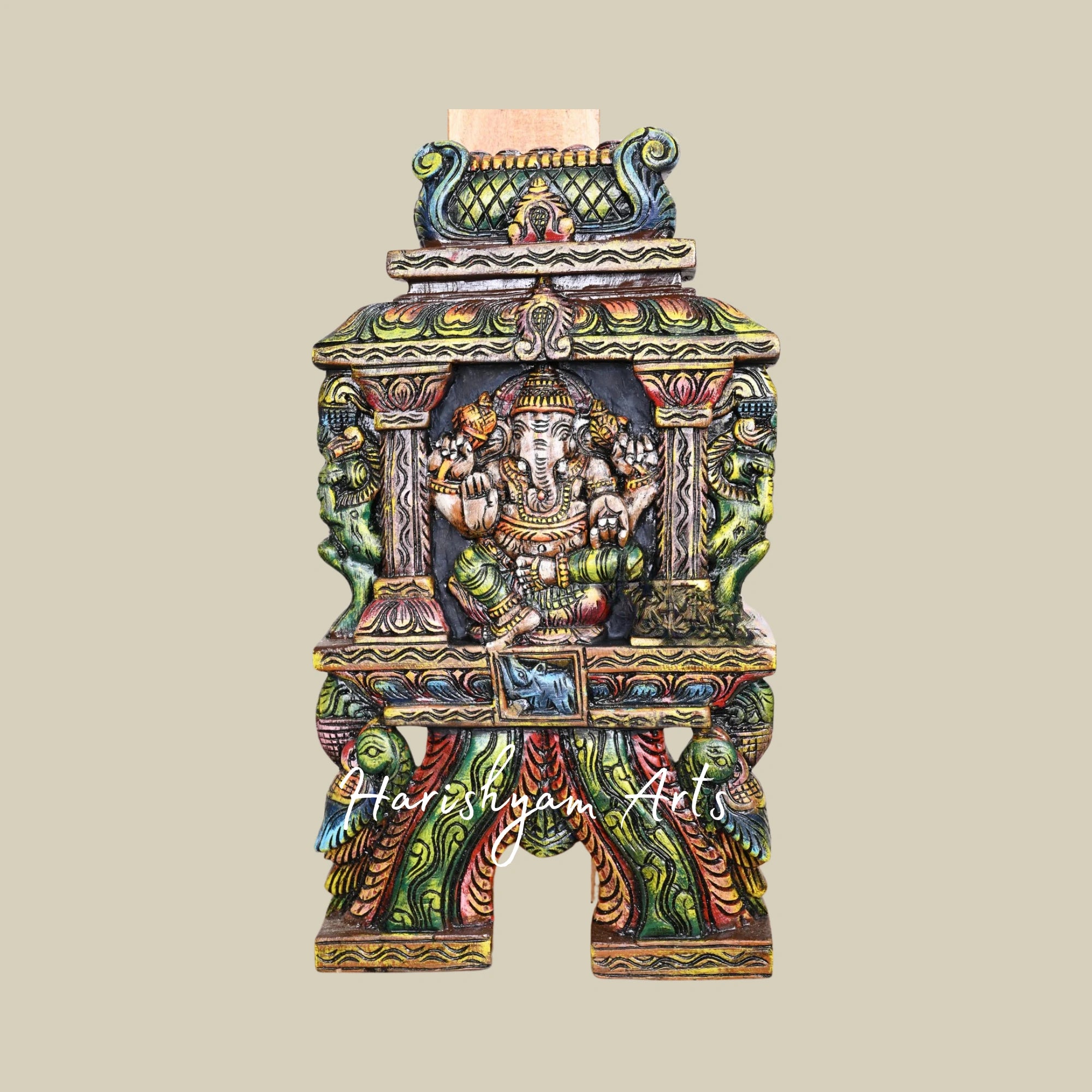 18.5" Wooden Pillar Ganesha Kavadi with Ancient Yaazhi and Paired Parrots in Multicolor Finish