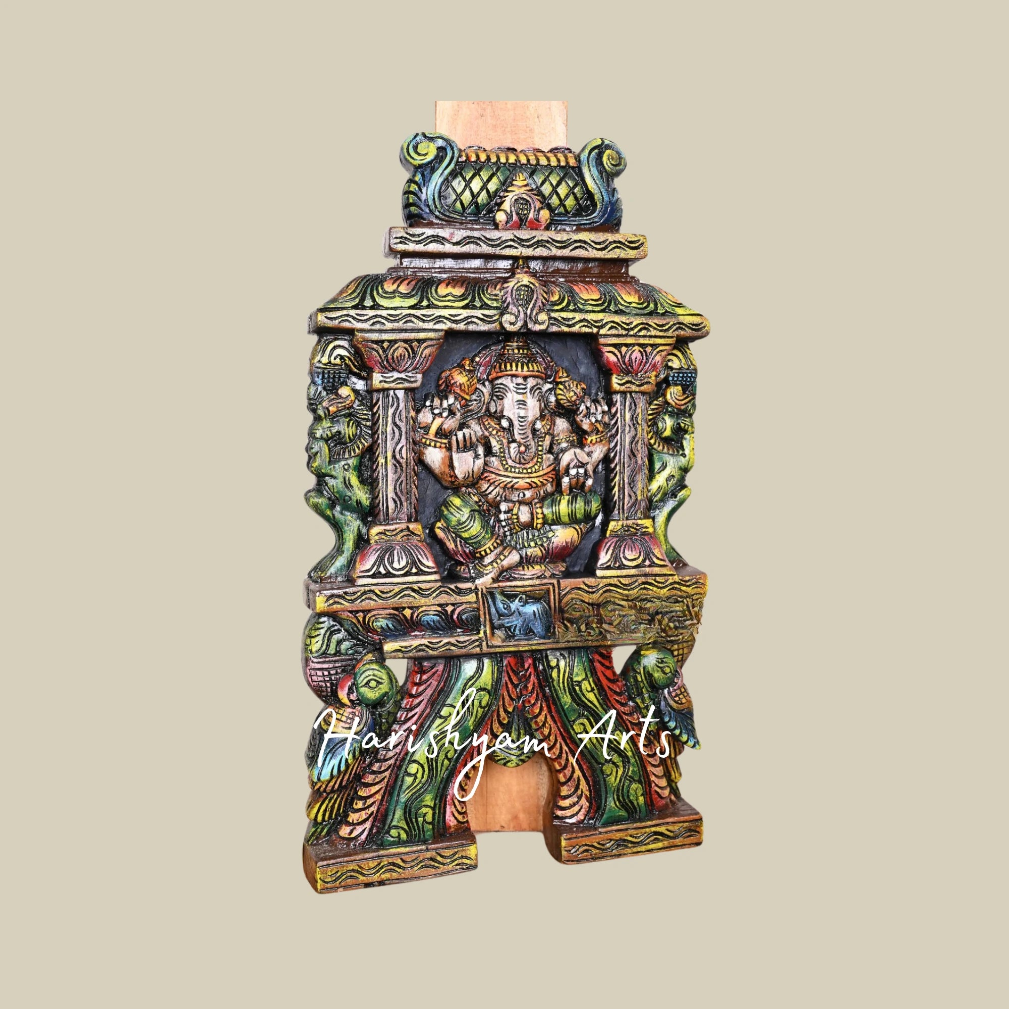 18.5" Wooden Pillar Ganesha Kavadi with Ancient Yaazhi and Paired Parrots in Multicolor Finish