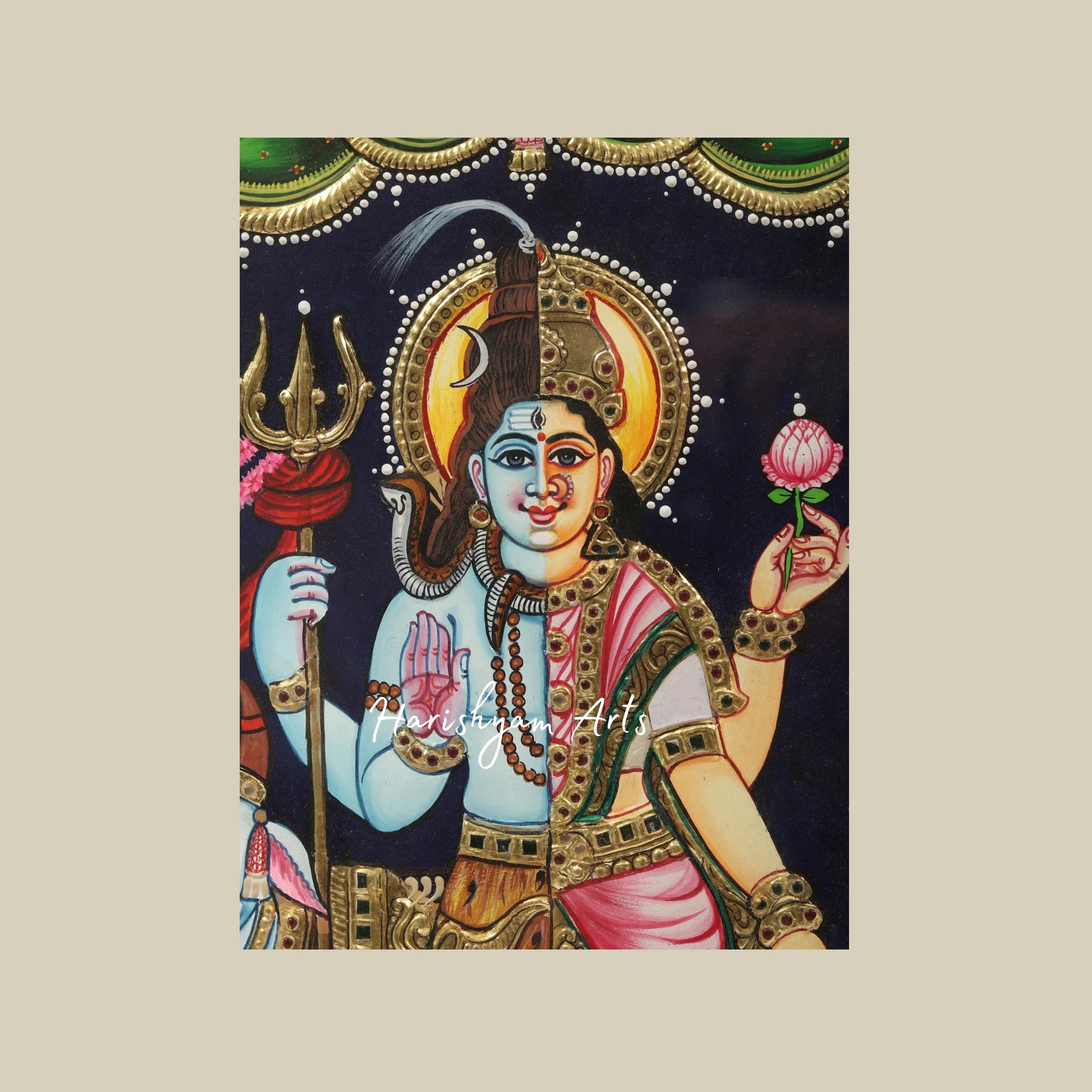 18" Ardhanarishvara Tanjore Painting Depicting Shiva-Shakti with Intricate Frame
