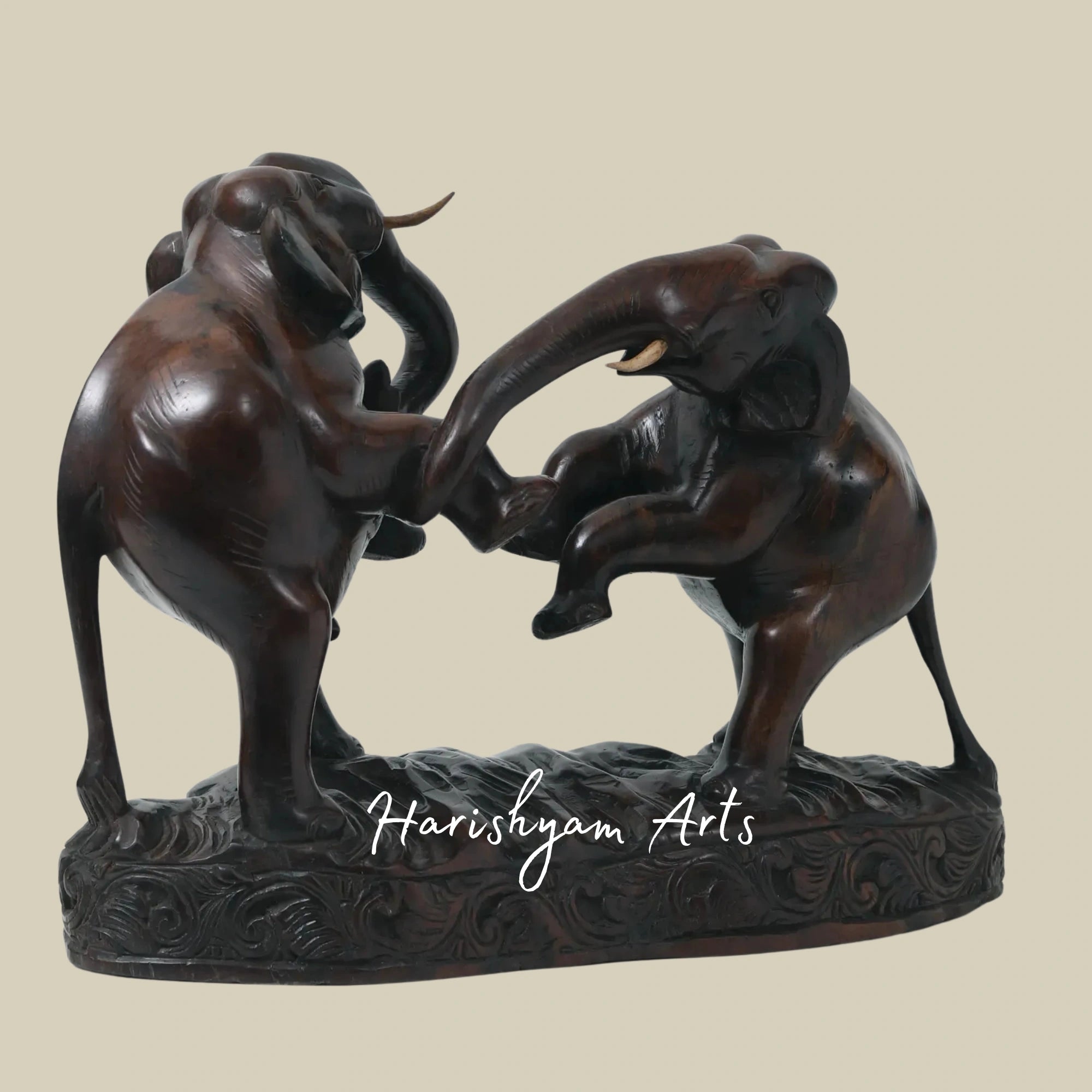 18" Battle-Ready Elephants in Rich Walnut Wood Hand-Carved Figurines