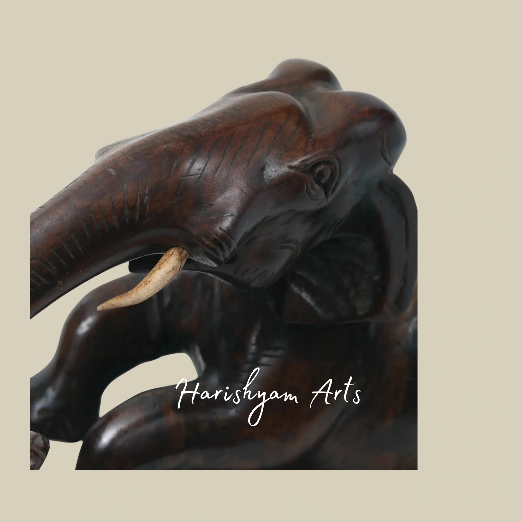 18" Battle-Ready Elephants in Rich Walnut Wood Hand-Carved Figurines