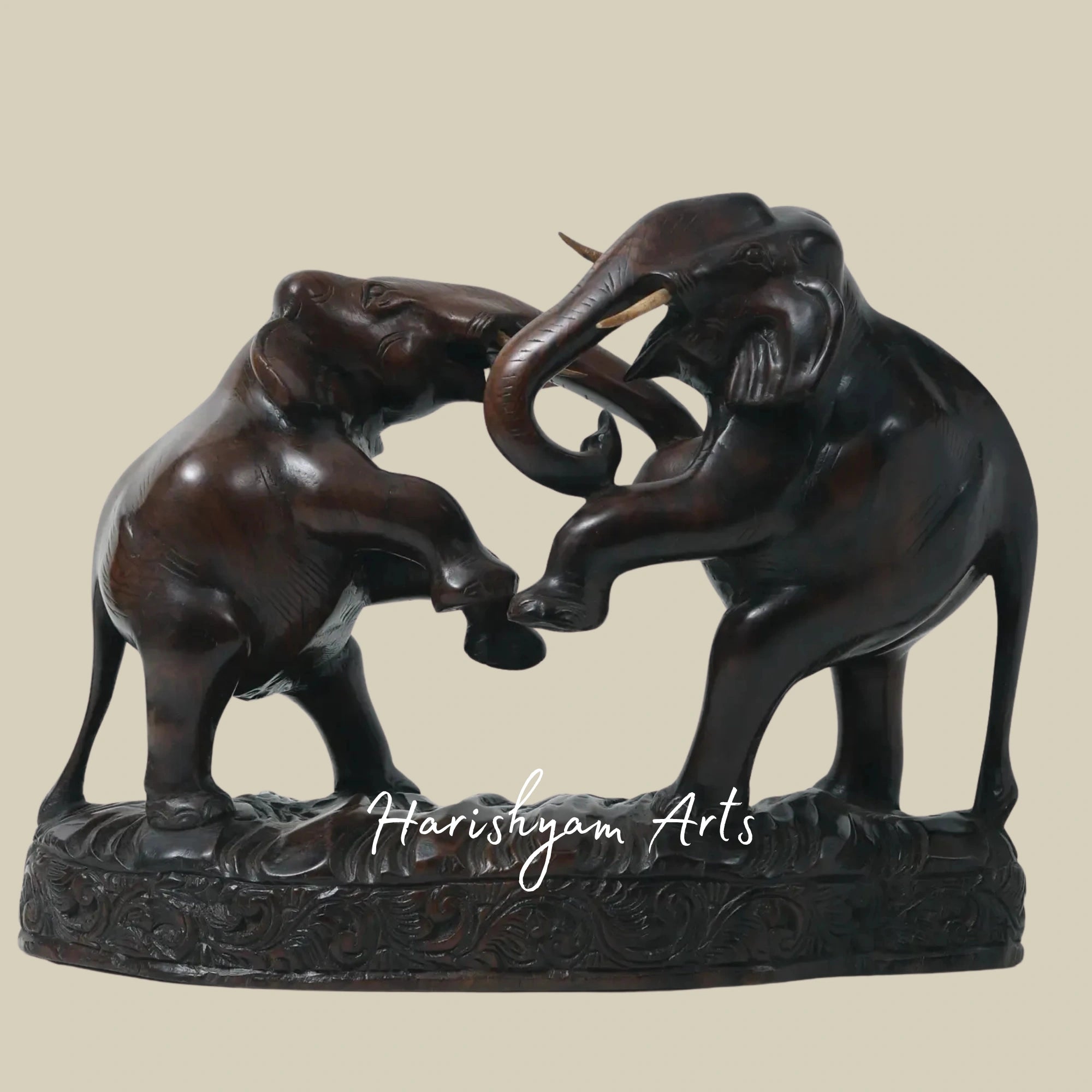 18" Battle-Ready Elephants in Rich Walnut Wood Hand-Carved Figurines