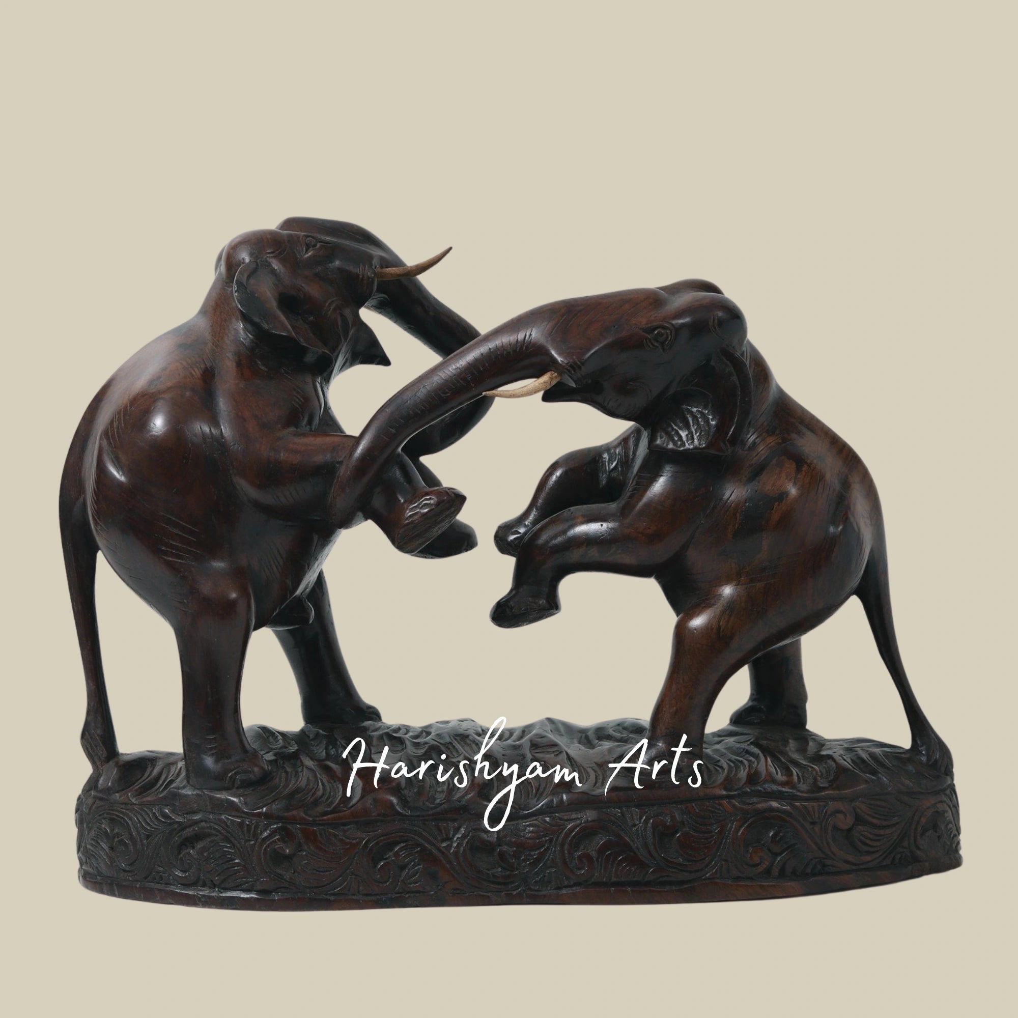18" Battle-Ready Elephants in Rich Walnut Wood Hand-Carved Figurines