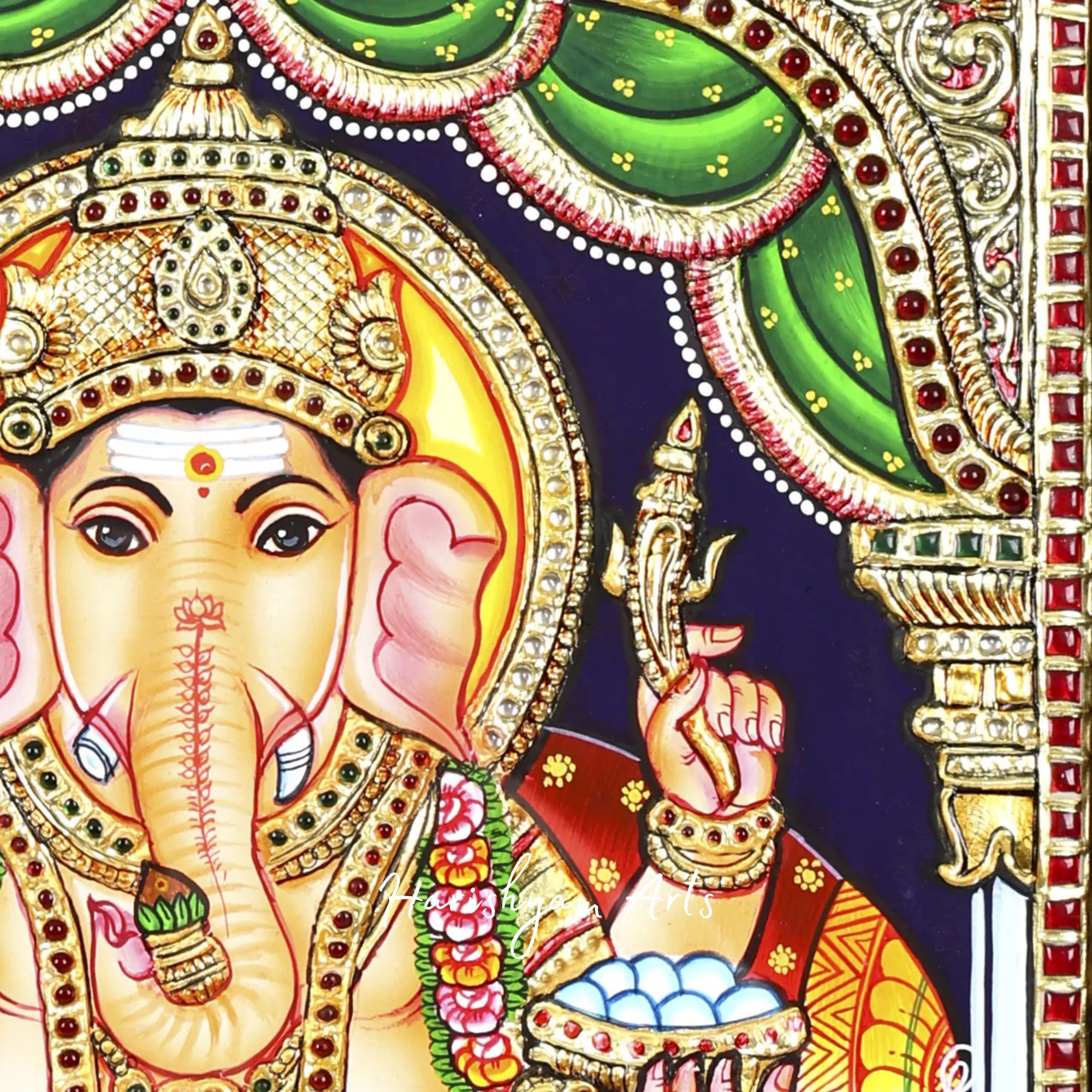 18" Blessing Lord Ganesha Tanjore Painting Seated on Throne with Elegant Frame4
