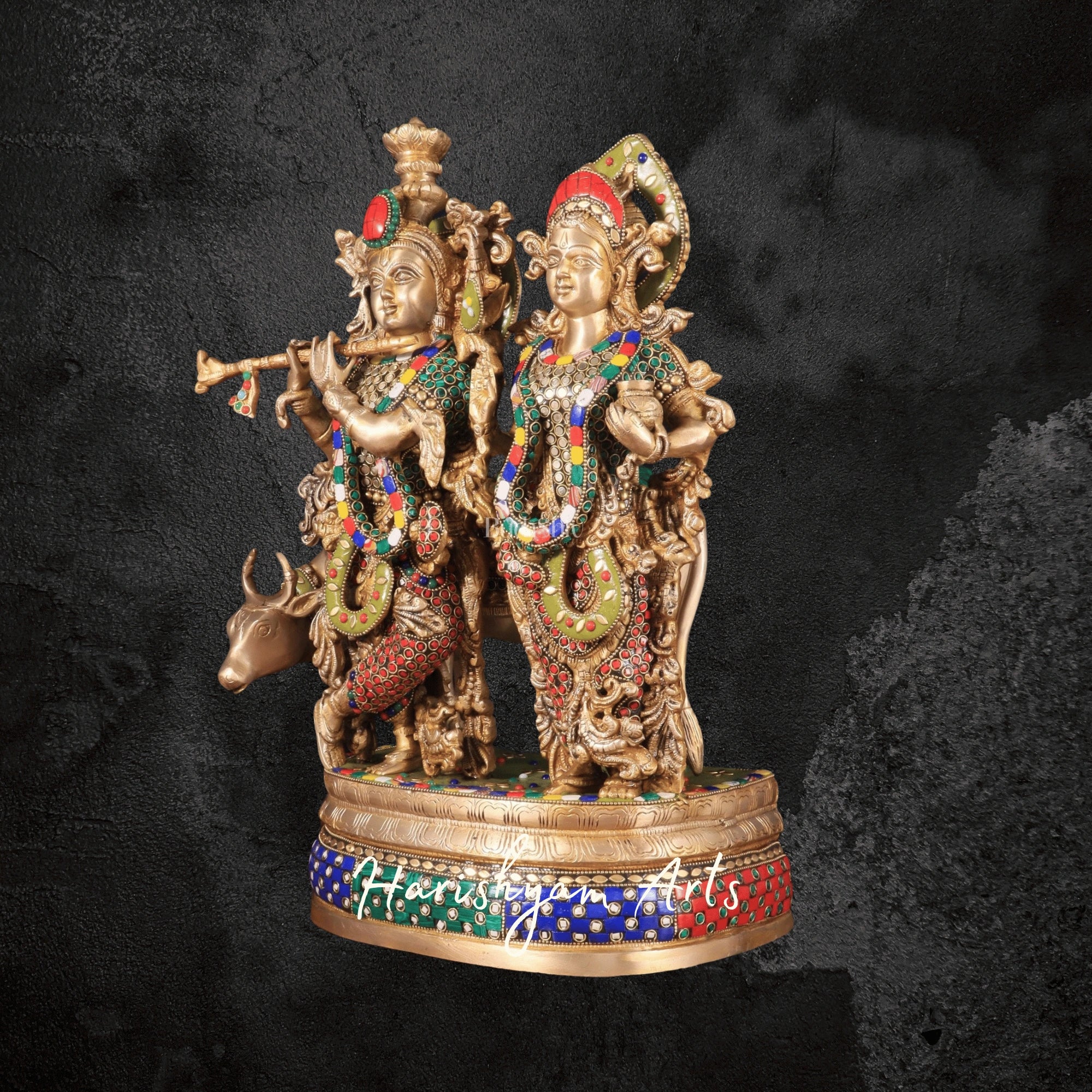 18" Brass Radha Krishna with Cow Idol Decorated with Stone Artwork