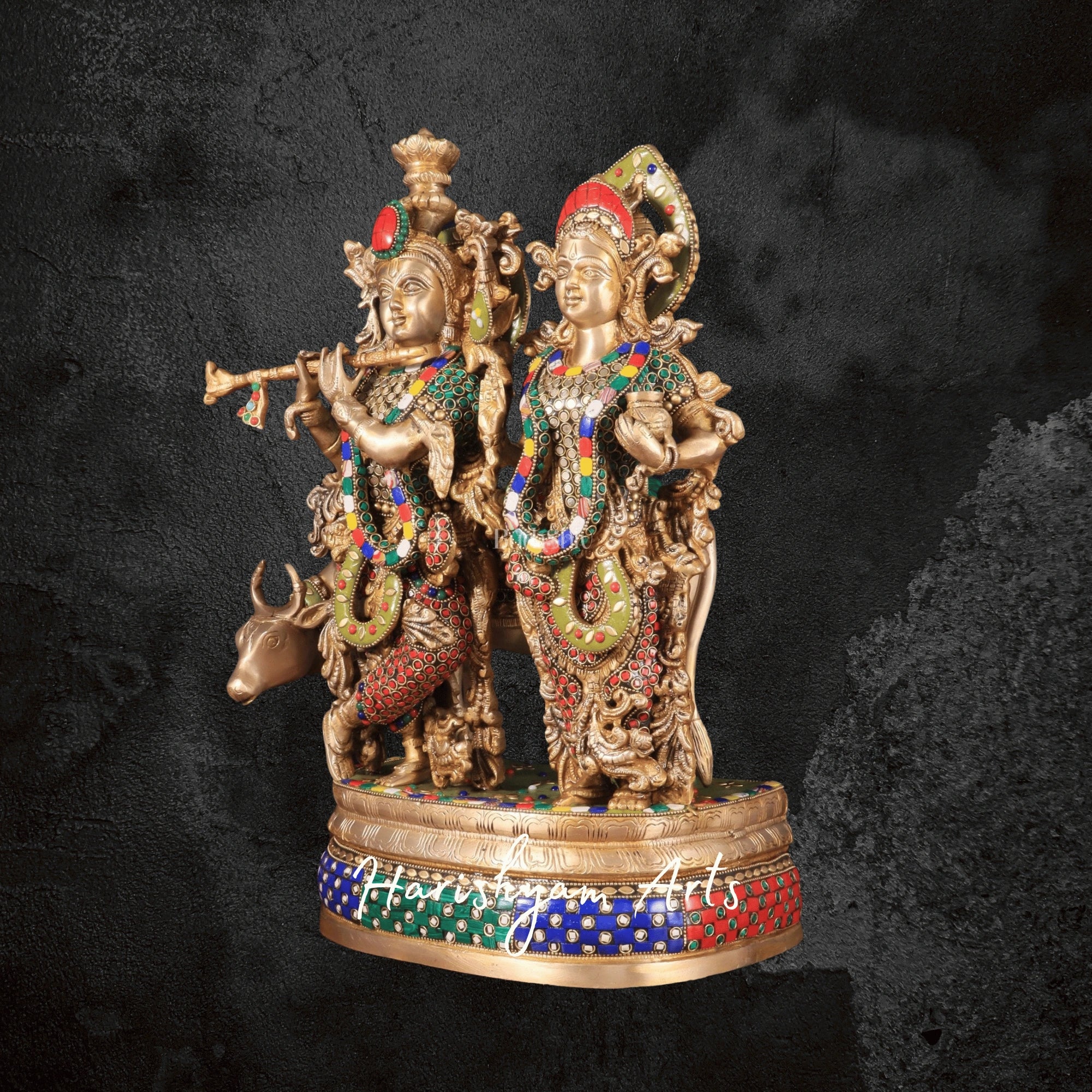 18" Brass Radha Krishna with Cow Idol Decorated with Stone Artwork